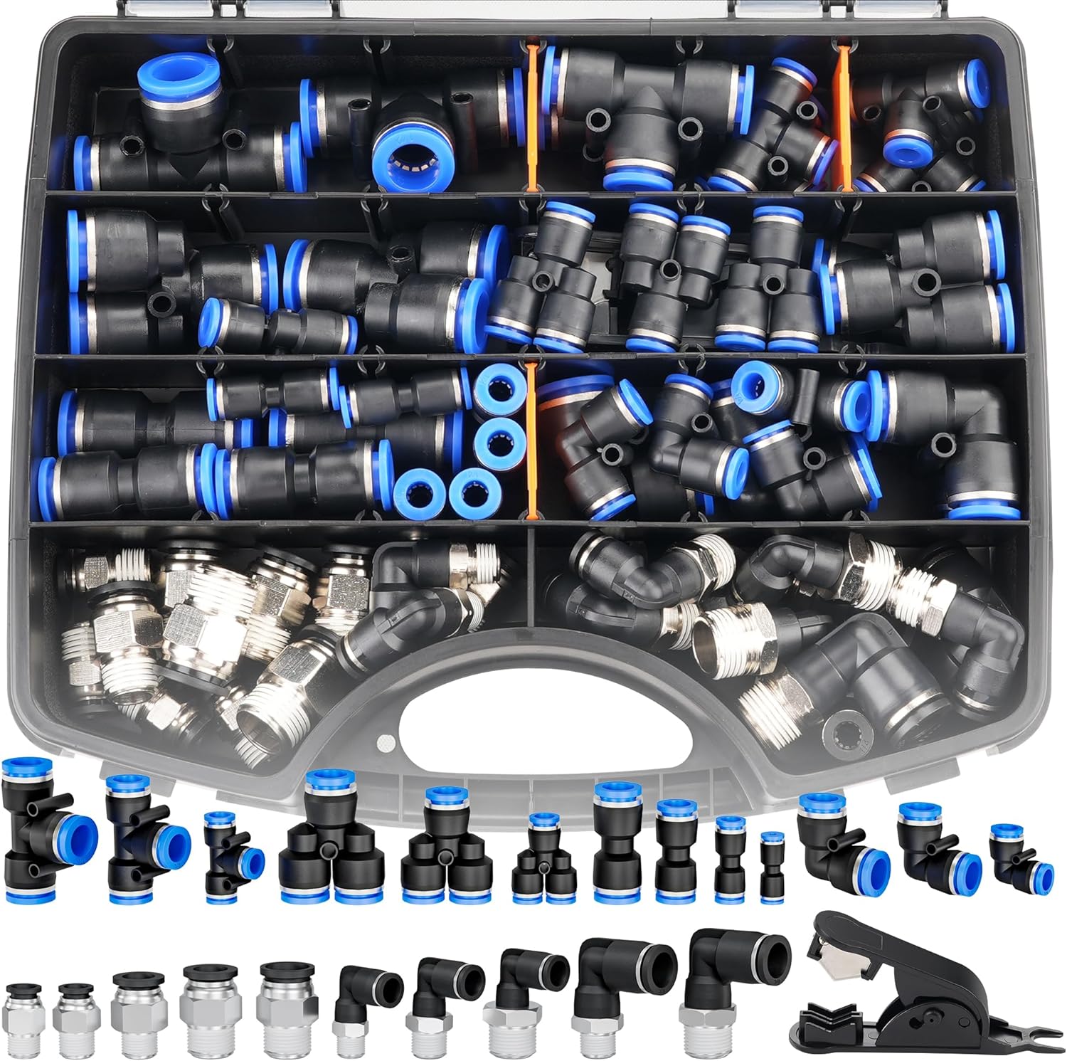 60 Pieces Push to Connect Fittings 1/8”, 1/4”, 3/8”, 1/2” for Air Line Tube, Quick Connect Air Hose Fittings