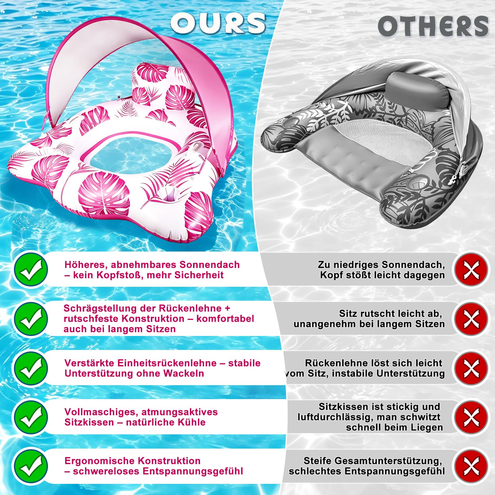 Tanning - Materasso ad aria per adulti, con tettuccio parasole regolabile, portabicchieri e braccioli, poltrona da nuoto per feste estive e spiaggia