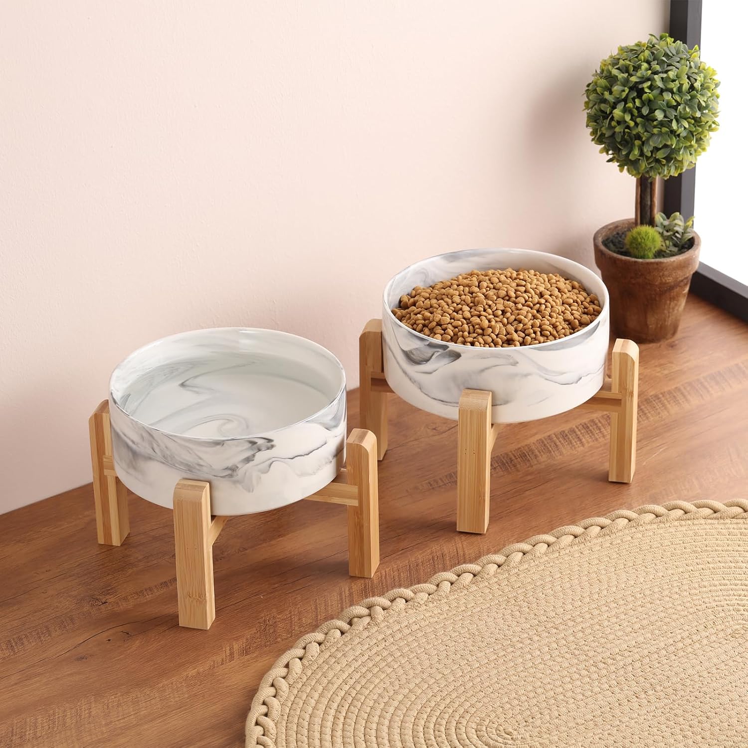 Raised/Elevated Ceramic Dog Bowl for Medium Large Sized Breeds,Large Dog Food Water Bowl with Stand,8 in Non Slip Heavy Weighted 1800ml/ 7.6 Cups/60 OZ Marble Grey