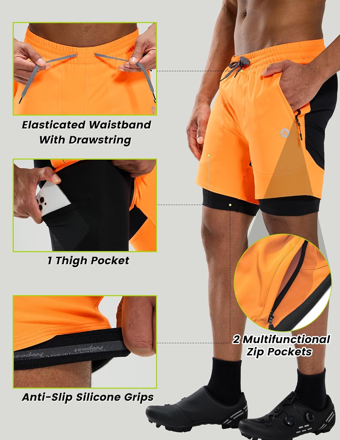 Nepest Mens Mountain Bike Shorts 3D Padded MTB Shorts Bicycle Biking Biker Baggy Cycling Shorts with Zipper Pockets - Image 3