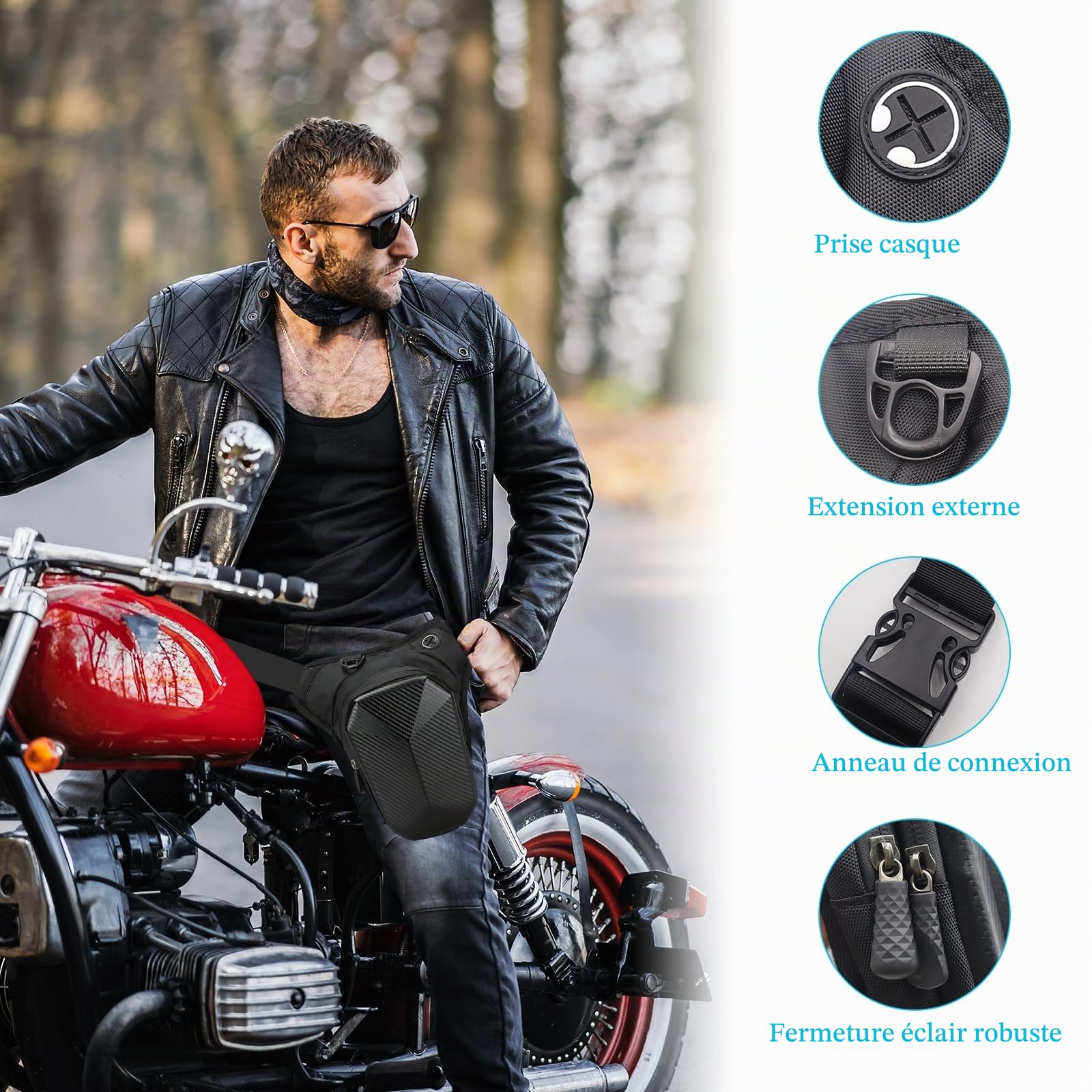 Sacoche de Jambe Moto Sac Banane Pochette Ceinture Sac de Jambe Capacité Extensible Coque EVA Sangle de Jambe Réglable pour Pêche Randonnée Cyclisme