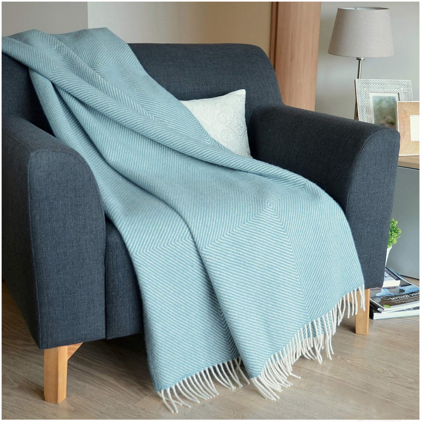Linen & Cotton Decke Wolldecke Alaska mit Rautenmuster - 100% Reine Neuseeland Wolle (140 x 220cm), Türkis Blau - Sofadecke/Bettüberwurf/Kuscheldecke/Überwurf Couch Sofa Bett