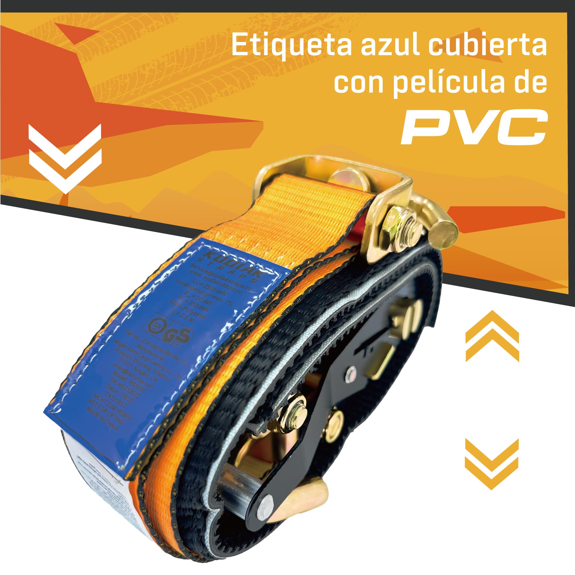 4 Correas para Ruedas 50mm x 2.5m | Correa de Trinquete 5000kg Transporte Coches | con Almohadillas Antideslizantes y Ganchos Giratorios 360° | Certificado TÜV G/S según DIN EN 12195-2