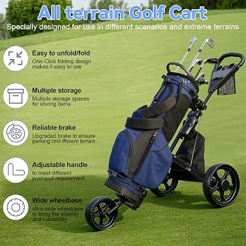 Golf Push Cart 3 Wheel, Foldable Golf Bag Cart with Foot Brake, Ball/Scorecard/Water Bottle Holders, Lightweight Compact Golf Walking Cart, EVA Wheels for Different Terrains