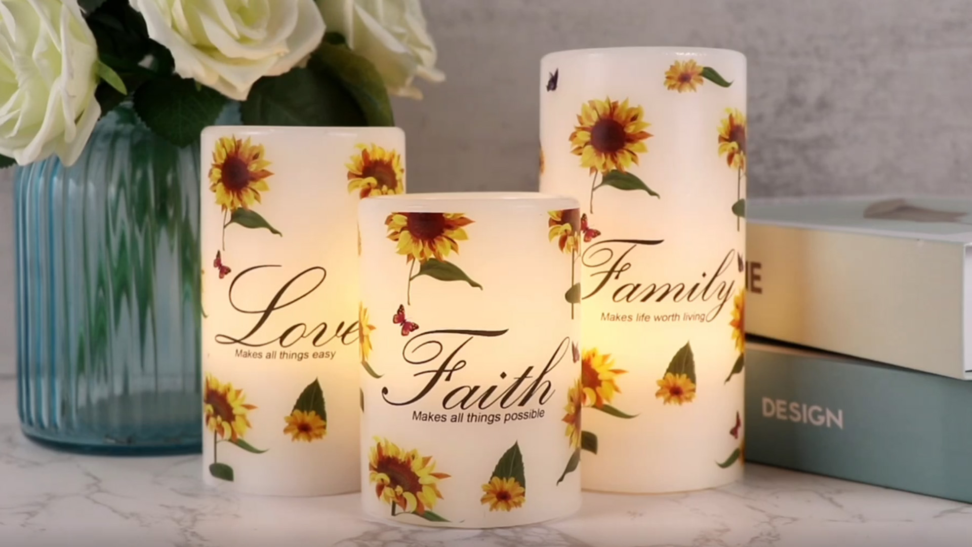 Image of Sunflower Flameless Flickering Candles with 6H Timer, Set of 3 Battery Operated White Real Wax LED Pillar Candles Party Dinner Wedding Spring Decor(3 x 4,5,6 Inches)