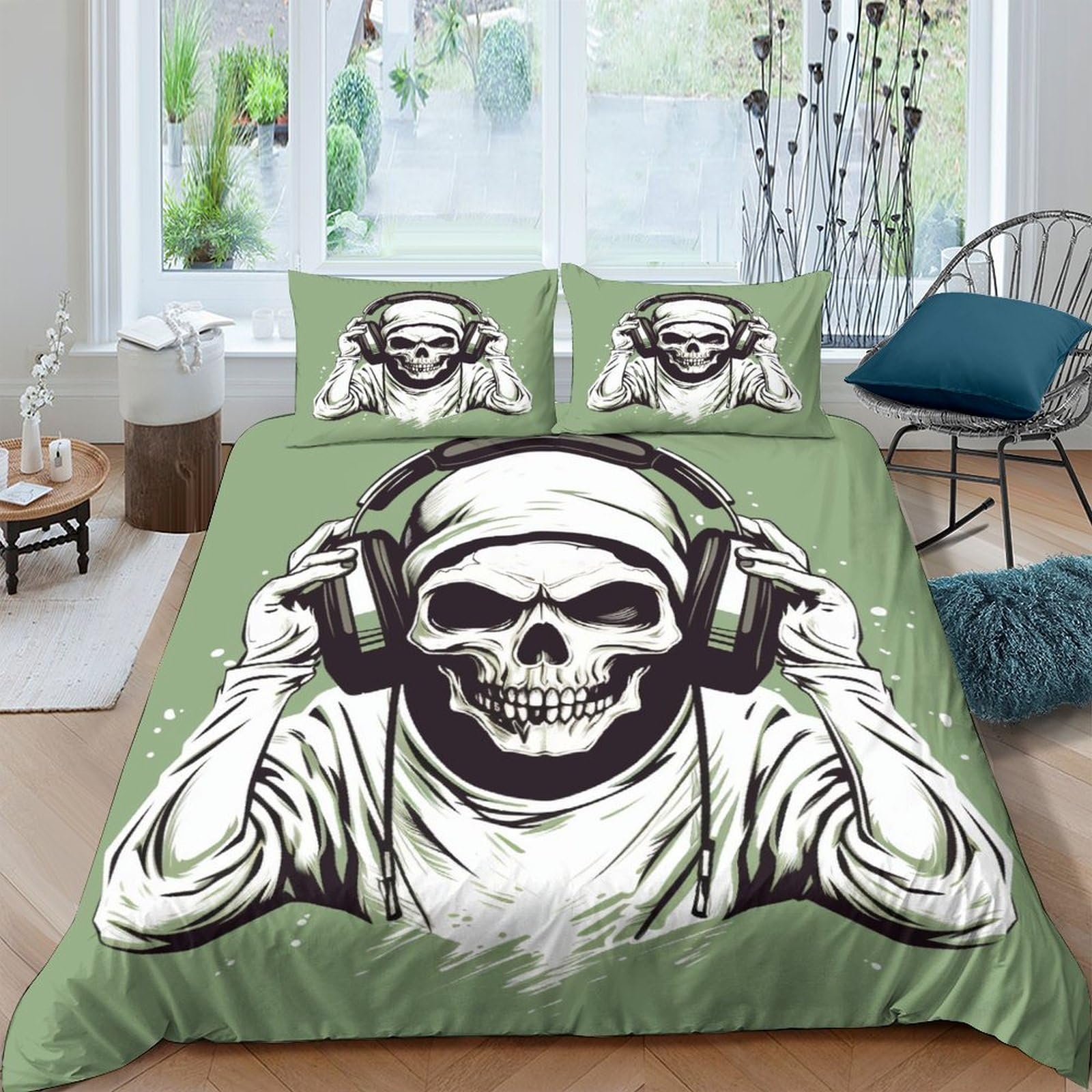 Housse de couette 200x200 squelette DJ avec taies d'oreiller lit double