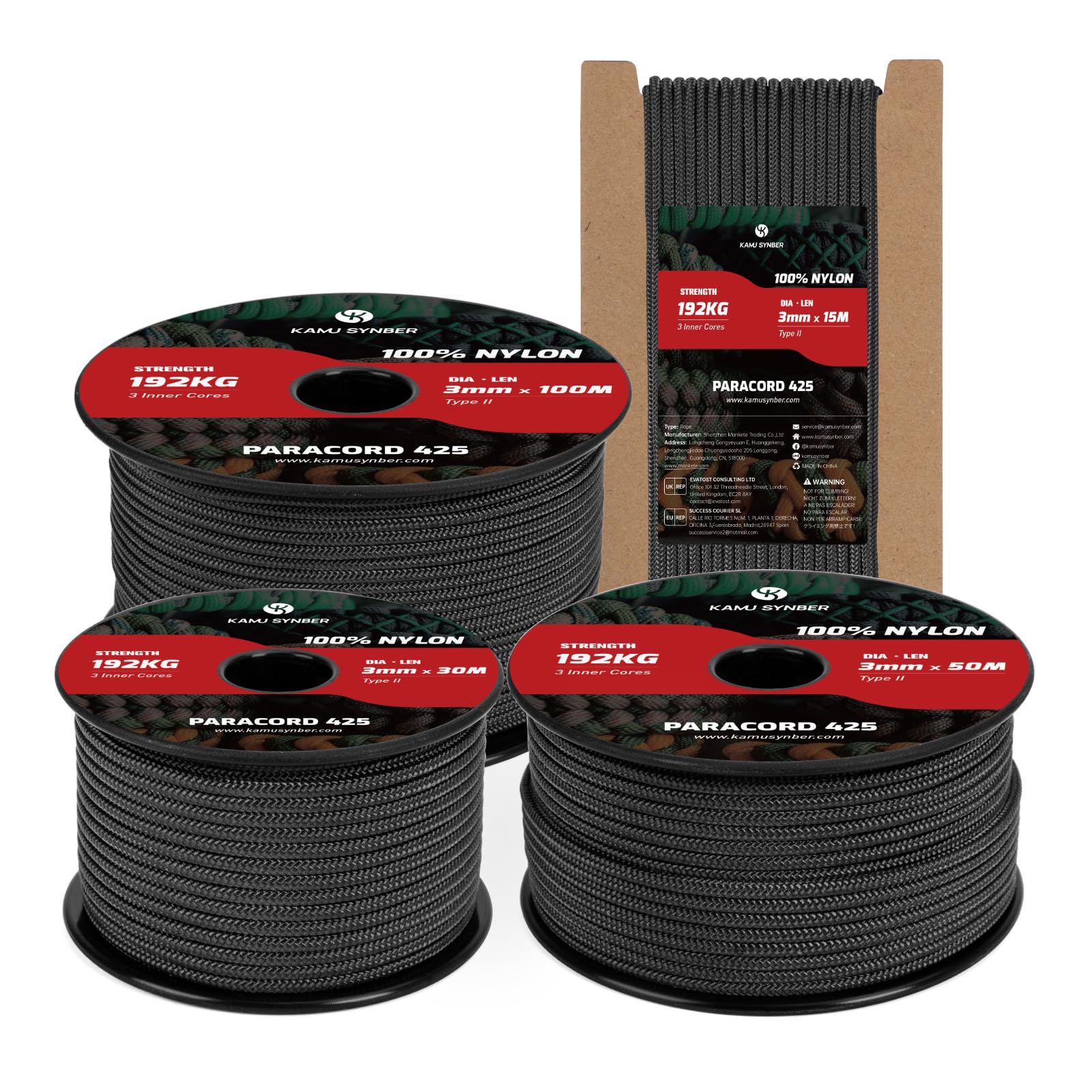 Kamu Synber 425 Paracord 3mm x 100m 100% Nylon Rope 3 Strands Parachute Cord Type II for Outdoor, Crafting, DIY | Support 192kg | Black
