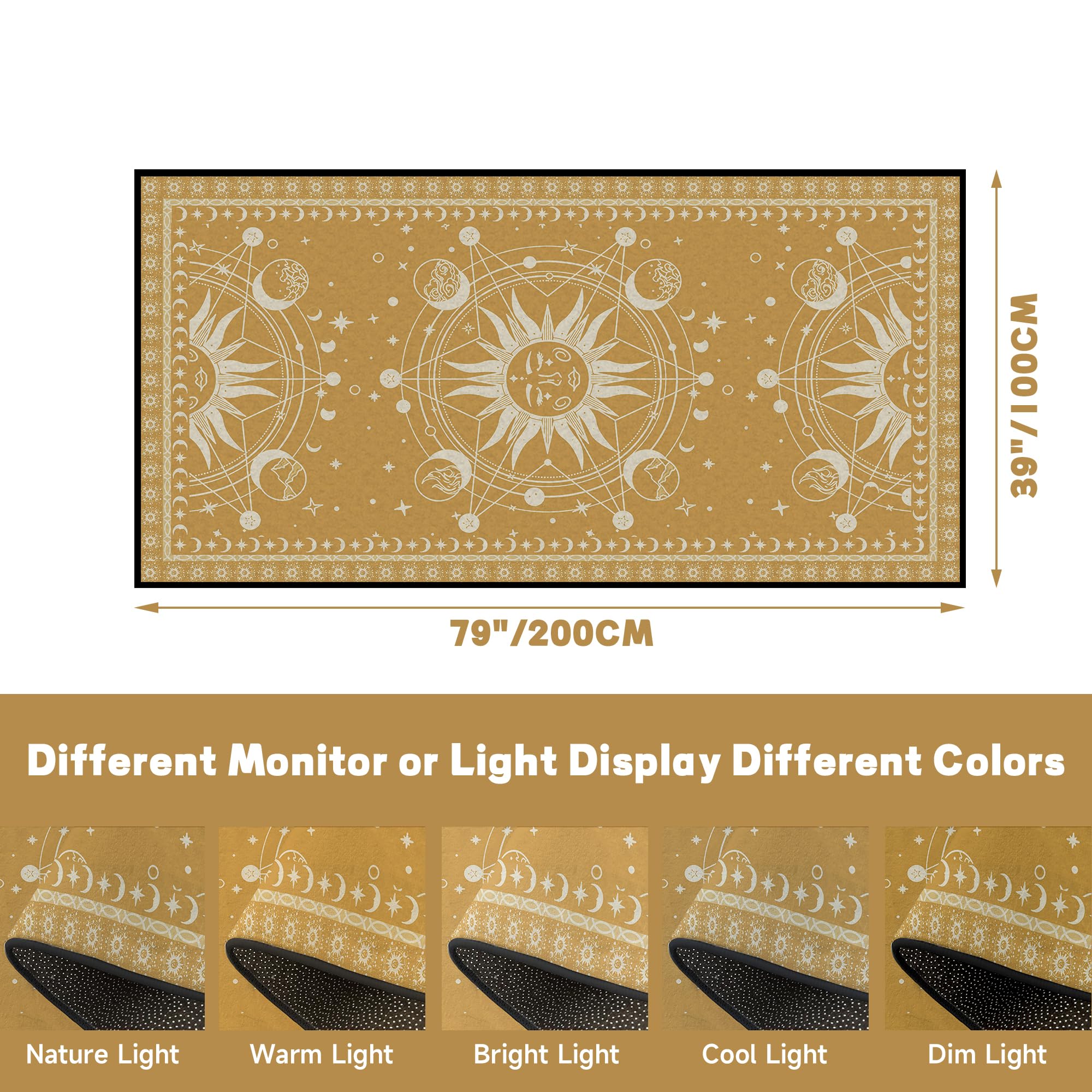 Tapis de soleil et de lune – Tapis céleste bohème pour chambre à coucher, dortoir, salon, motif croissant de croissant solaire, étoiles, galaxie, 200,7 x 99,1 cm, or aztèque