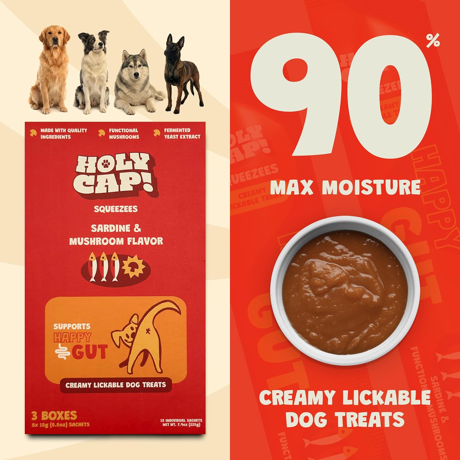 Happy Gut Grain-Free Lickable Dog Treats, 15 Squeezable Purée Tubes (0.5 oz Each), Sardine & Pumpkin Flavor, Creamy Dog Purée with Clean Ingredients, Hand-Fed Treat or Meal Topper