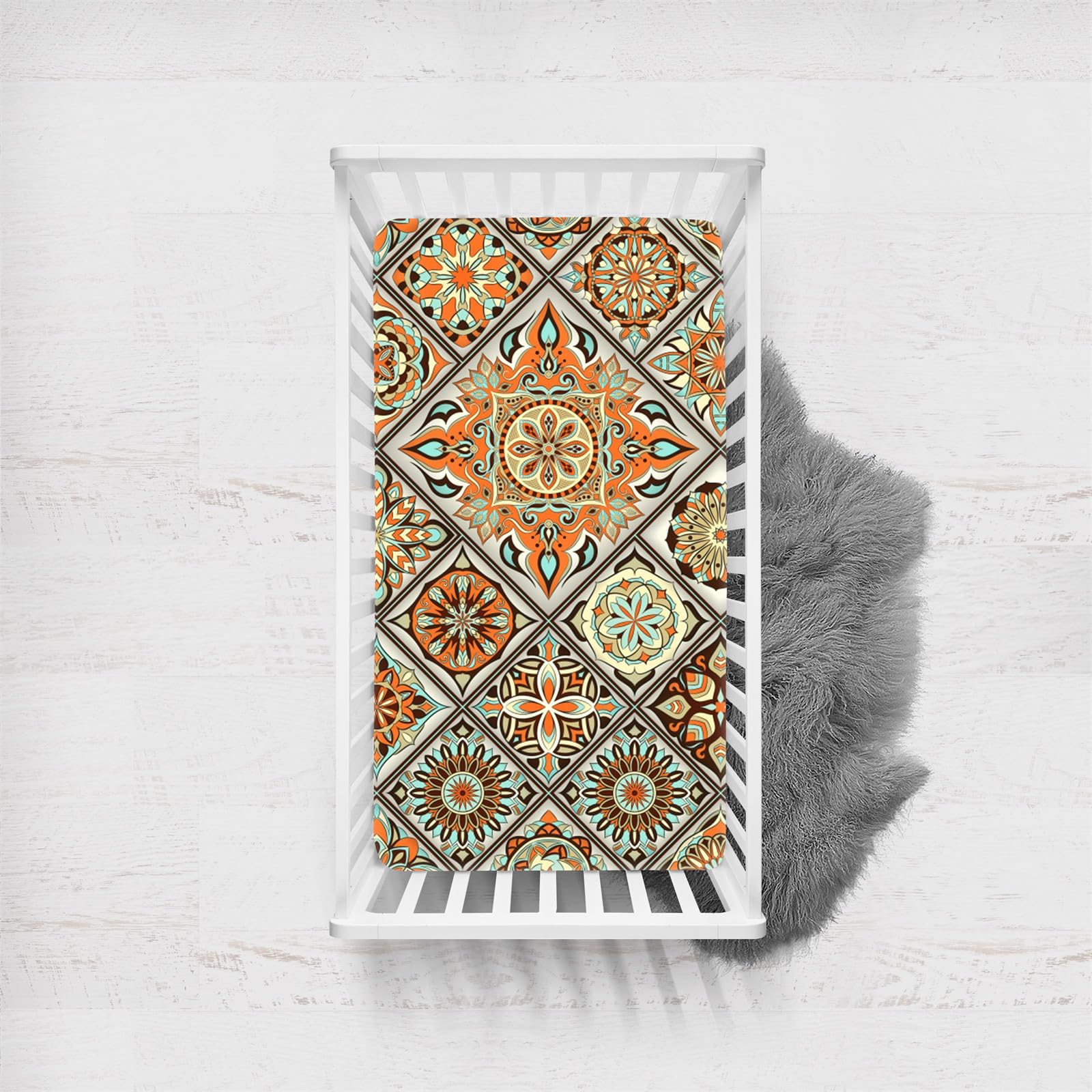 Morbuy Next to Me Crib Sheets, Bohemian Style Cot Bed Sheets, Soft Breathable Microfiber Moses Basket Sheets, Cot Sheets for Boy and Girl, Durable Easy Care Crib Sheets (Orange,100x135cm)