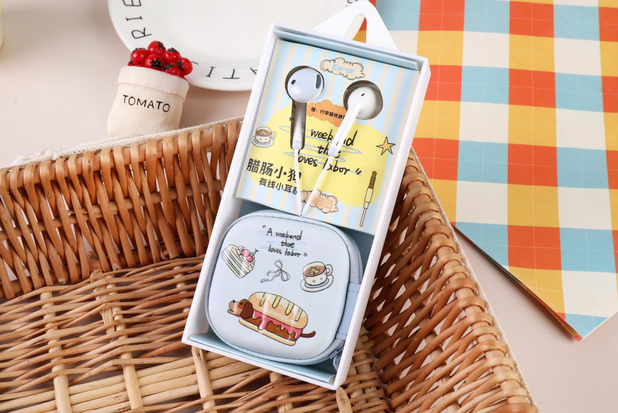 QearFun Dachshund Earbuds for Kids, Cute Sausage Dog Wired Half in-Ear Headphones with Mic & Zipper Case, 3.5mm Jack Earphones for School Girls Teens Dog Lovers (Blue)