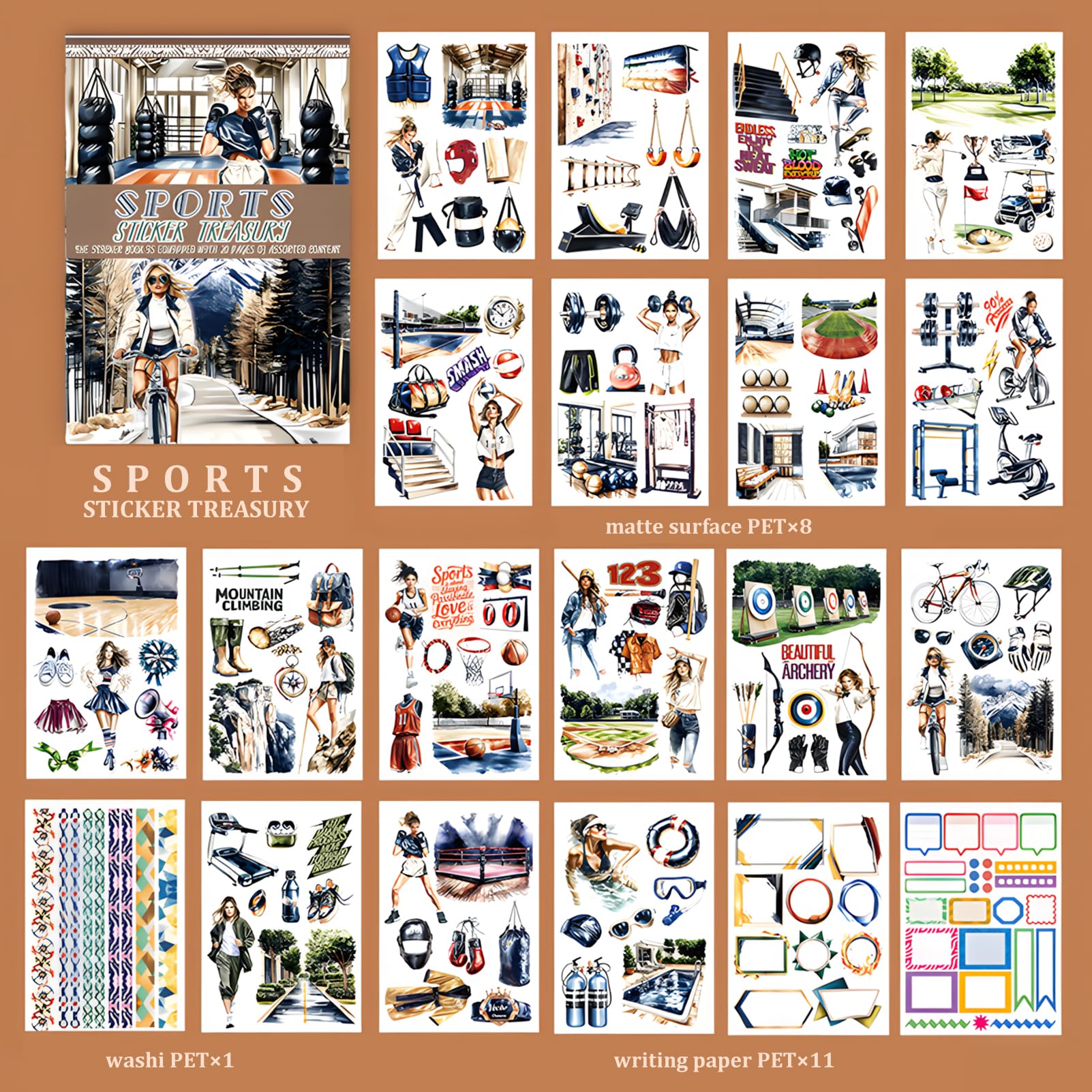 Snycler Naklejka sportowa z motywem dziewczyny, materiały do scrapbookingu do dziennika śmieci, 20 arkuszy naklejek PET - naklejki w stylu vintage, efemeryda, wstępnie wycięta, artykuły do dziennika