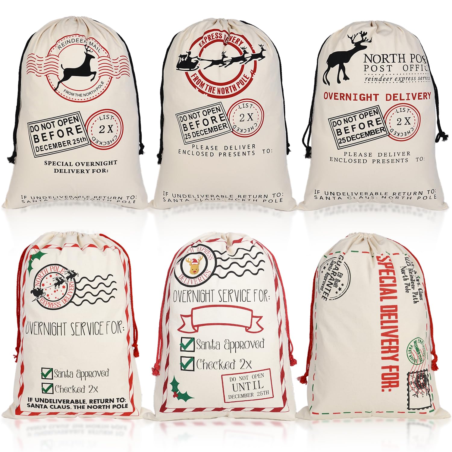 Inspireyee 6 Pack Large Christmas Bag Santa Sacks Xmas Canvas Cotton Xmas Sack Stocking with Drawstrings (Pattern 4, 19.5 X 27.5)