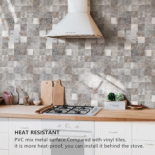 Miniatura 3 de STICKGOO Azulejos autoadhesivos para salpicaduras de pelar y pegar, para cocina y baño, azulejos de pared autoadhesivos de metal mixto de PVC (10