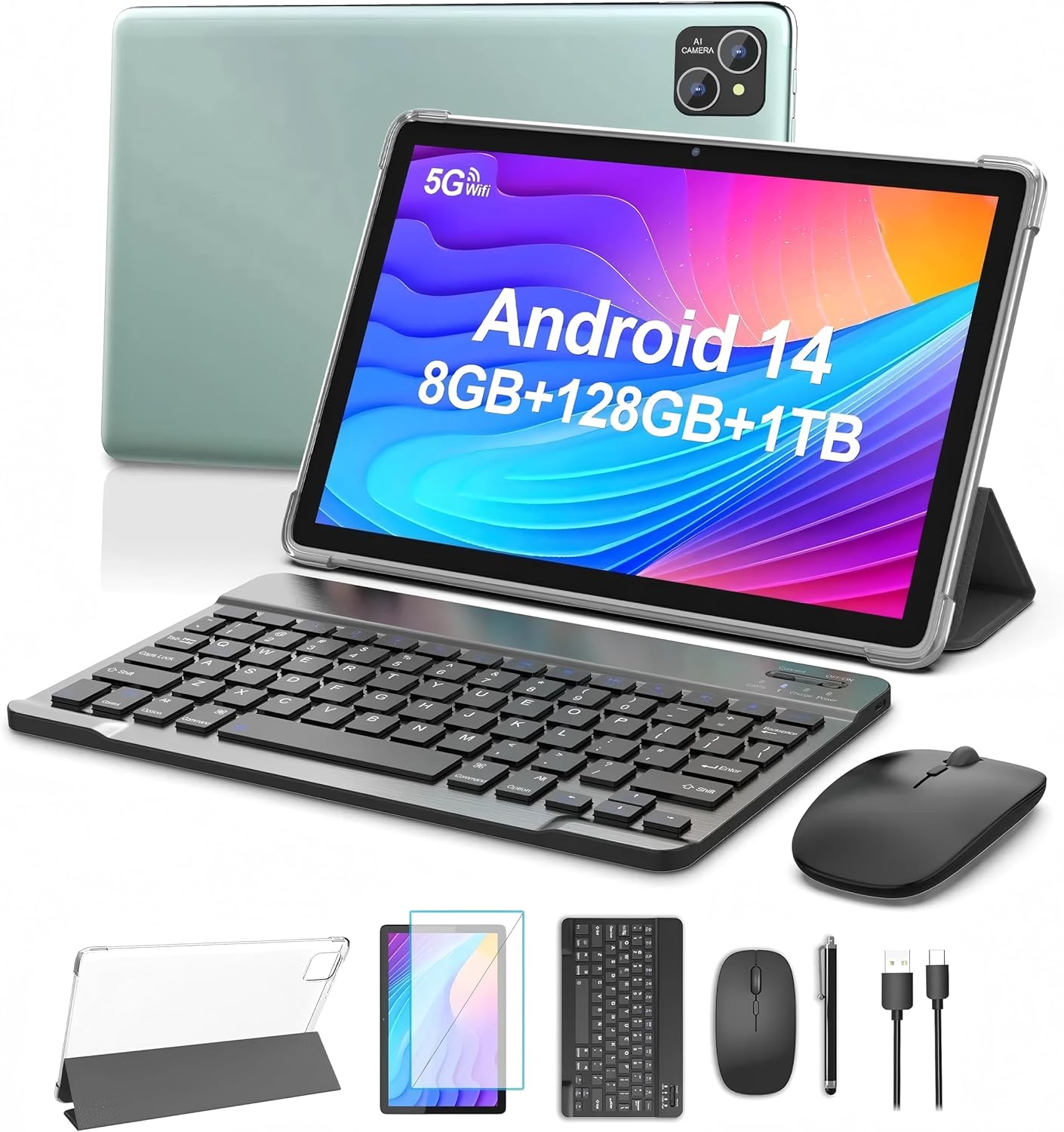 Android 14 Tablet 10.1 inch Tablet, 128GB ROM+8(4+4 Expand) GB RAM 1TB Expand, Octa-Core,8000mAh Battery, 5G Wi-Fi 6, 2+8MP Dual Camera, 1280x800 FHD IPS, Bluetooth, Tablets with Keyboard (Green)