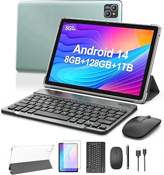 Android 14 Tablet 10.1 inch Tablet, 128GB ROM+84+4 Expand GB RAM 1TB Expand, Octa-Core,8000mAh Battery, 5G Wi-Fi 6, 2+8MP Dual Camera, 1280x800 FHD IPS, Bluetooth, Tablets with Keyboard Green
