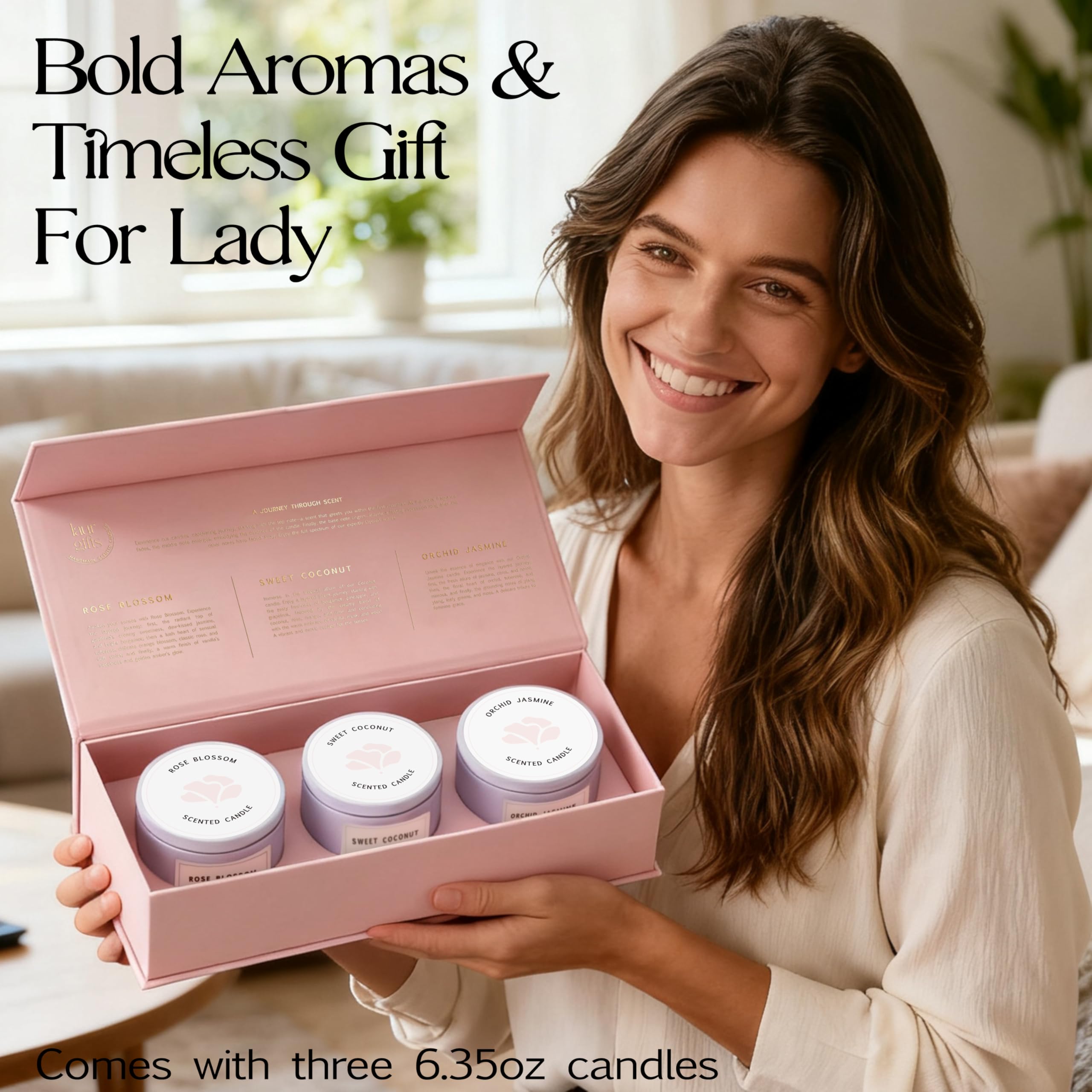 LaurGifts Duftkerzen Geschenkset - 3 Premium Floral Soja-Kerzen in luxuriöser rosa Box - Orchidee & Jasmin, süße Kokosnuss, Blütenrose - Entspannungsgeschenk für Frauen, Geburtstag, Spa & Zuhause