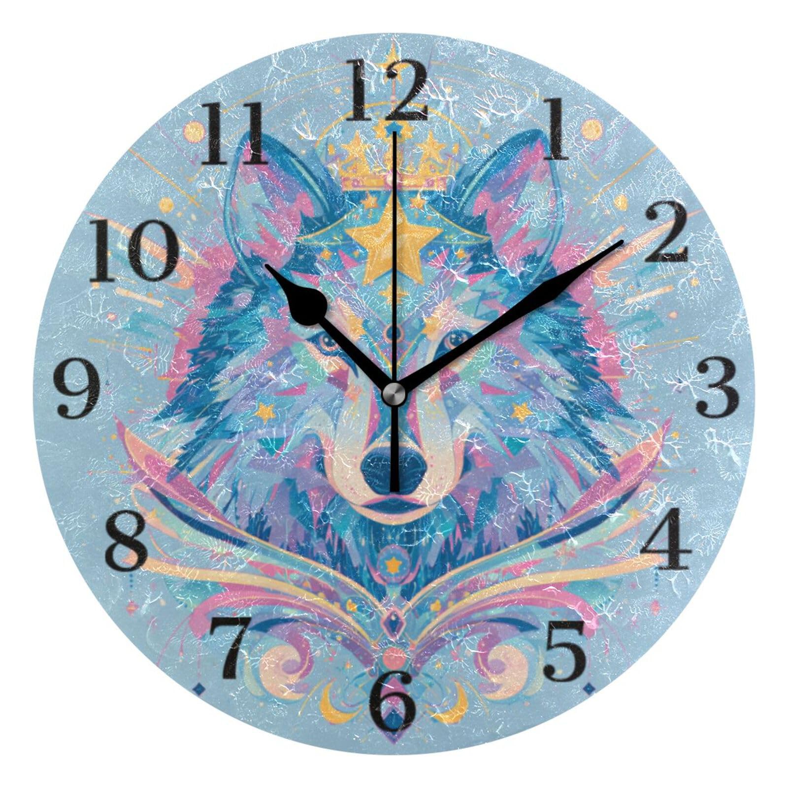 Ensound Pink Purple Wolf Wall Clock Silent Non-Ticking Battery Operated Clocks 12 Inch for Kitchen Home Living Room
