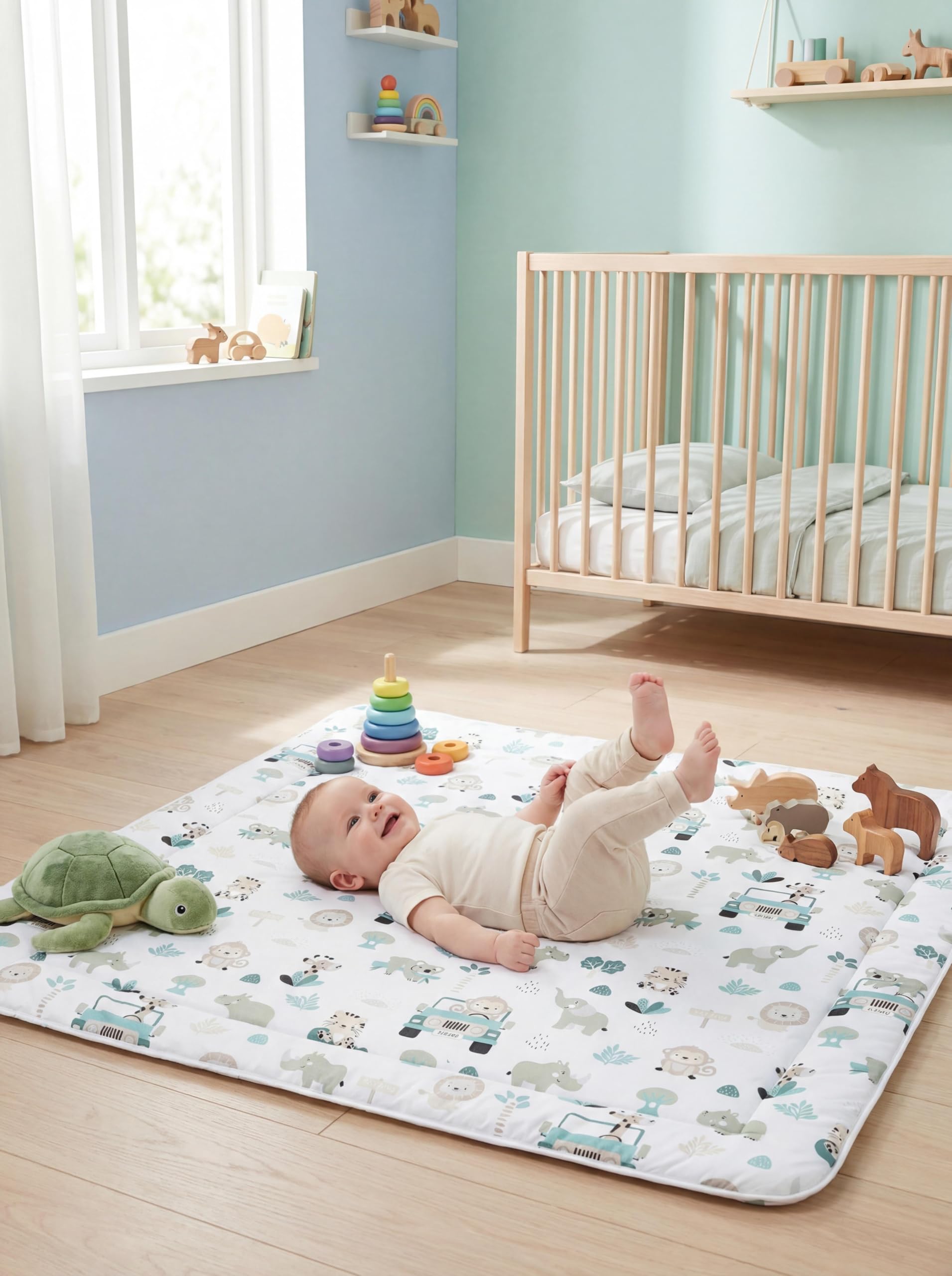 TupTam Baby Play Mat Manta para Niños Pequeños 120 x 120 cm Manta de Juego Grande para Niños Acolchada XXL, Zoo Verde - 3