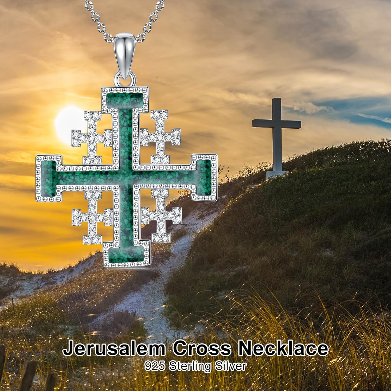 PELOVNY Jerusalem Cross Necklace 925 Sterling Silver Stone Cross Necklace Religious Jewelry Christian Catholic Gifts for Men Women Christians - Image 2