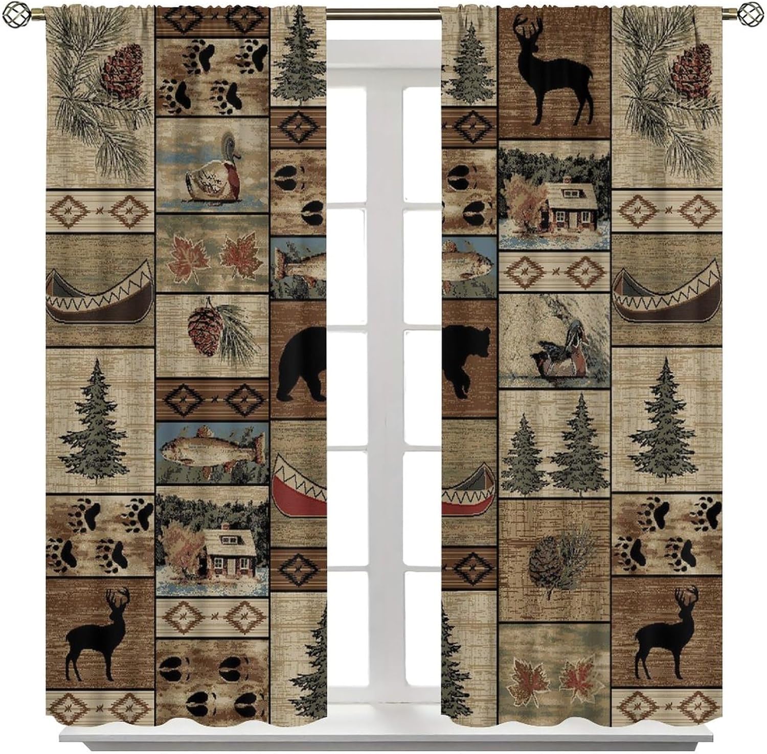 Rustic Cabin Curtain，Vintage Cottages Animal Deer Moose Bear Country Blackout Curtain for Bedroom Living Room Kitchen Window Drapes Set 2 Panels,72x63 Inches