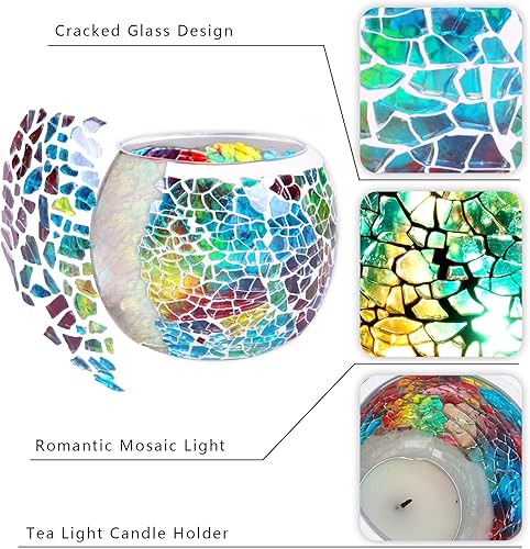 Miniatura 5 de Portavelas perfumado de vidrio de mosaico, portavelas de té de vidrio romántico hecho a mano para aromaterapia, decoración de fiesta (sin velas),