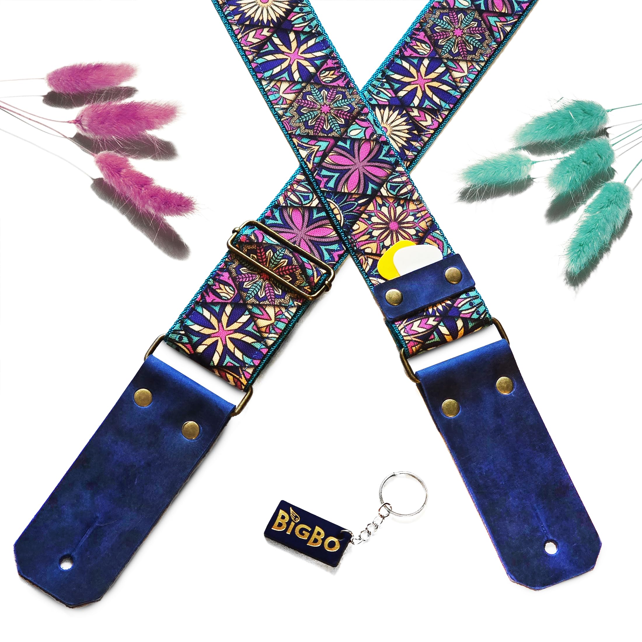 BigBo Blau & Türkis Gitarrengurt Orientalischer Gurt mit Plektrumhalter Vintage Gitarrengurt Geometrisches Design Natutal Leder Enden