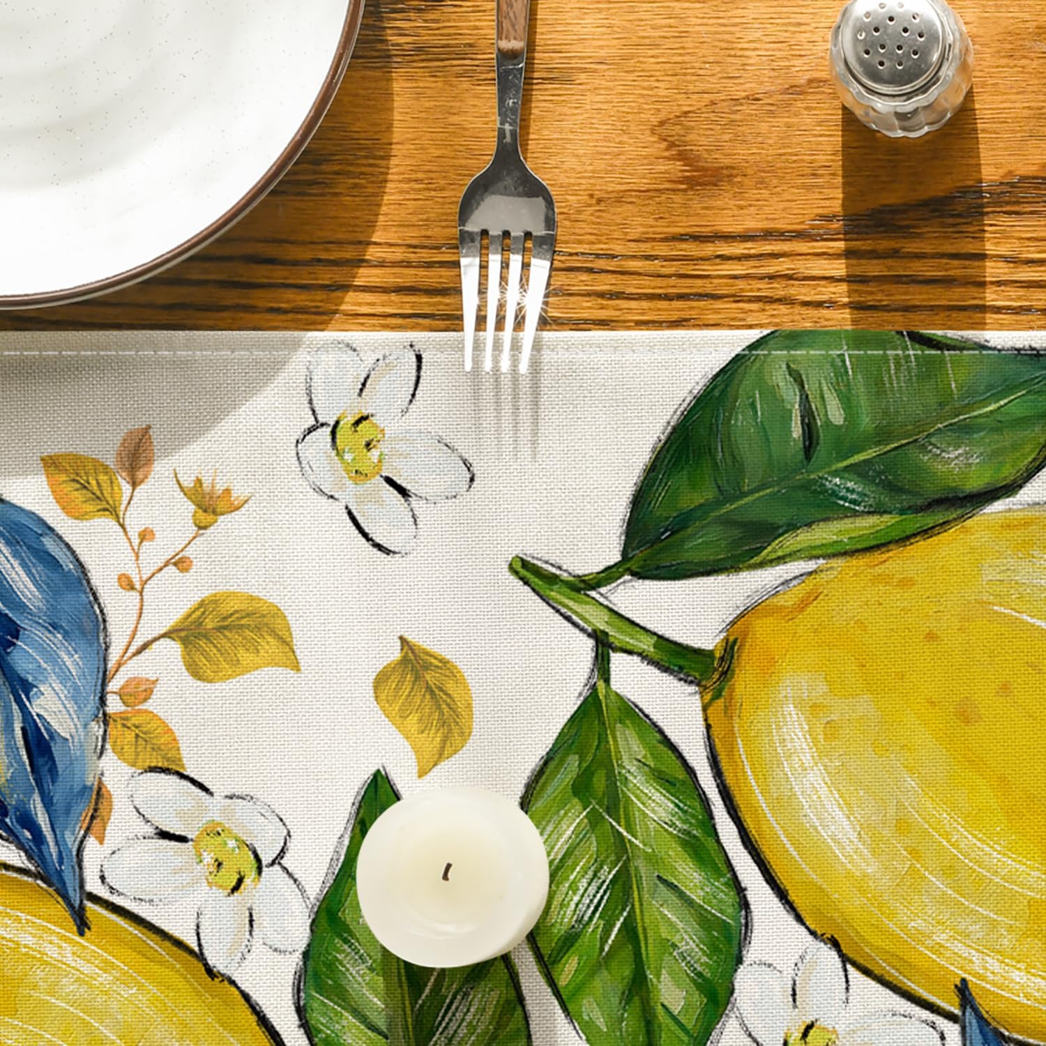 Artoid Mode Chinoiserie Lemon Bow Flowers 210 GSM Summer Table Runner, Seasonal Kitchen Dining Table Decoration for Home Party Decor 13x72 Inch