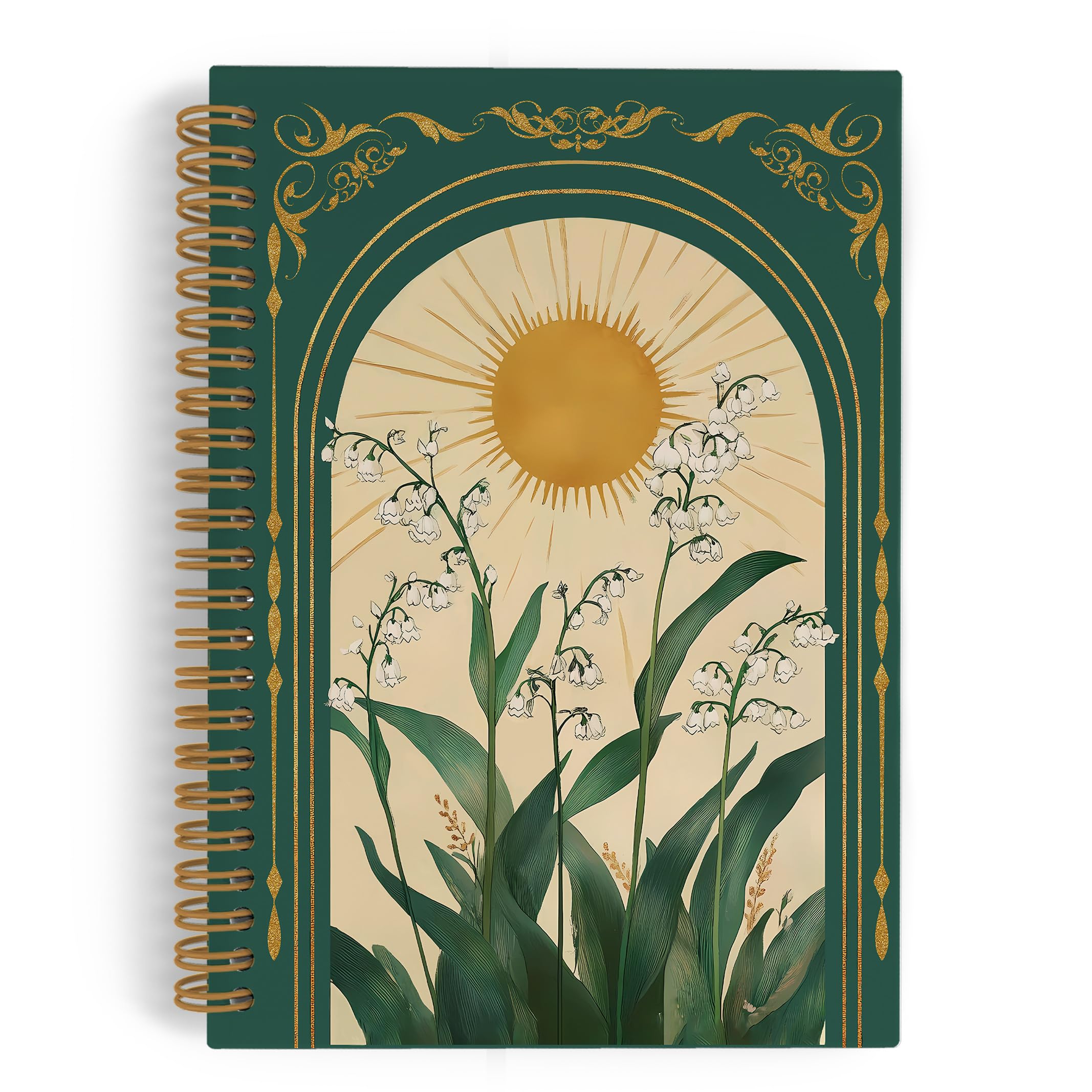 QLMX Green Boho Floral Spiral Notebook, Vintage Lily Sun Botanical Flowers Journal Notebook, Green Floral Notebooks for School Work, Boho Office