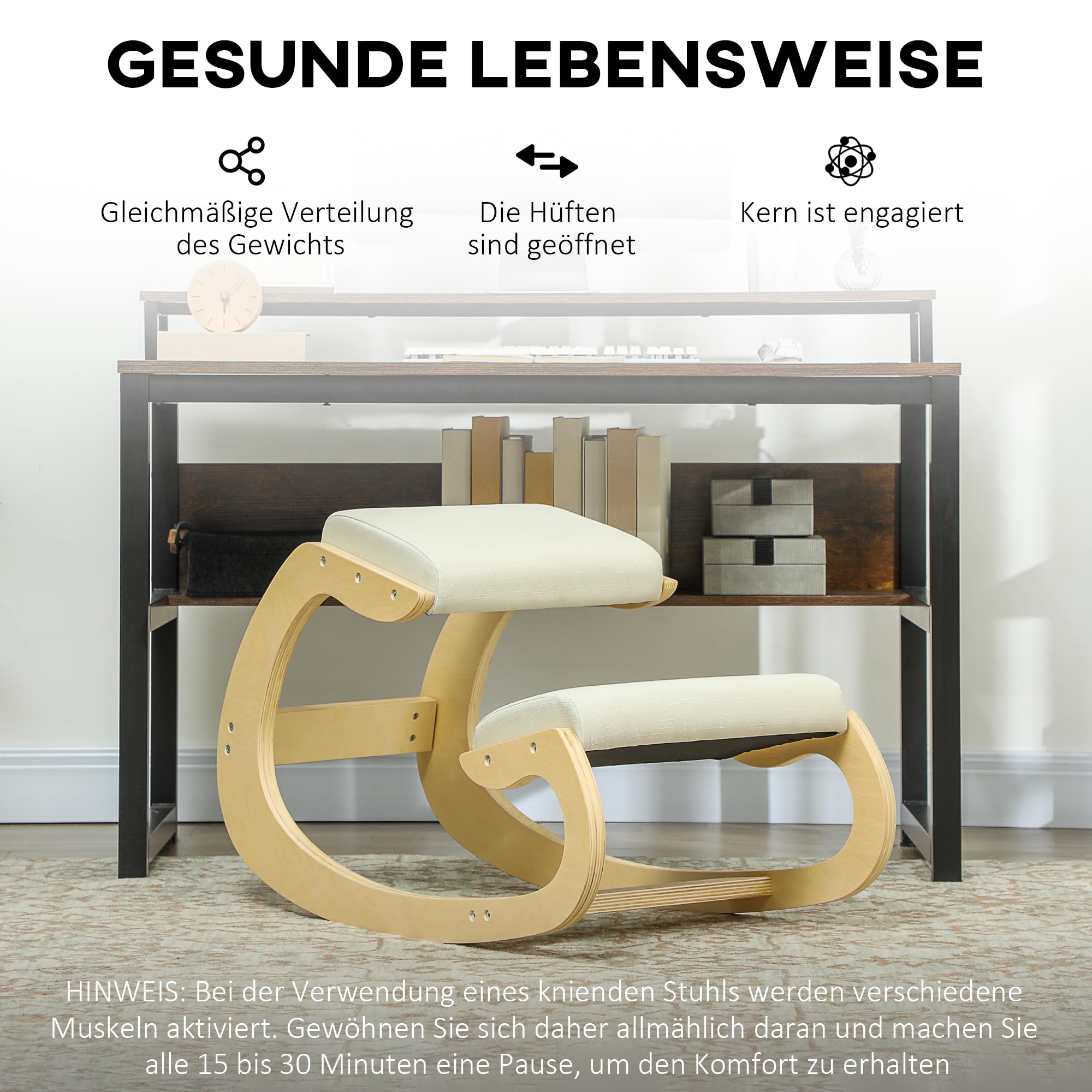 HOMCOM Kniestuhl Ergonomisch, Kniestuhl aus Holz, Bürostuhl für Homeoffice, Gesundheitsstuhl zur Verbesserung der Körperhaltung, Creme