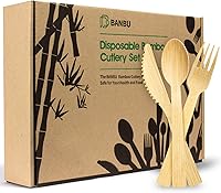 Vista 5 de Utensilios de bambú desechables – Paquete de 100 (6.7 pulgadas, 50 tenedores, 25 cucharas, 25 cuchillos) Juego de cubiertos de bambú desechables