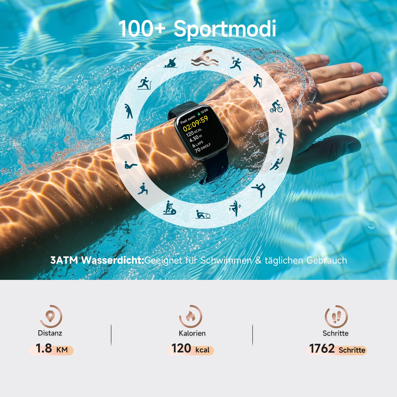 Smartwatch Damen, AMOLED 1,85" Smart Watch für iPhone/Samsung/Android(Telefonfunktion), Fitness Tracker mit integriertem Alexa, 110 Sportmodi, IP68 Wasserdicht, Pulsmesser Schlafmonitor, Schrittzähler