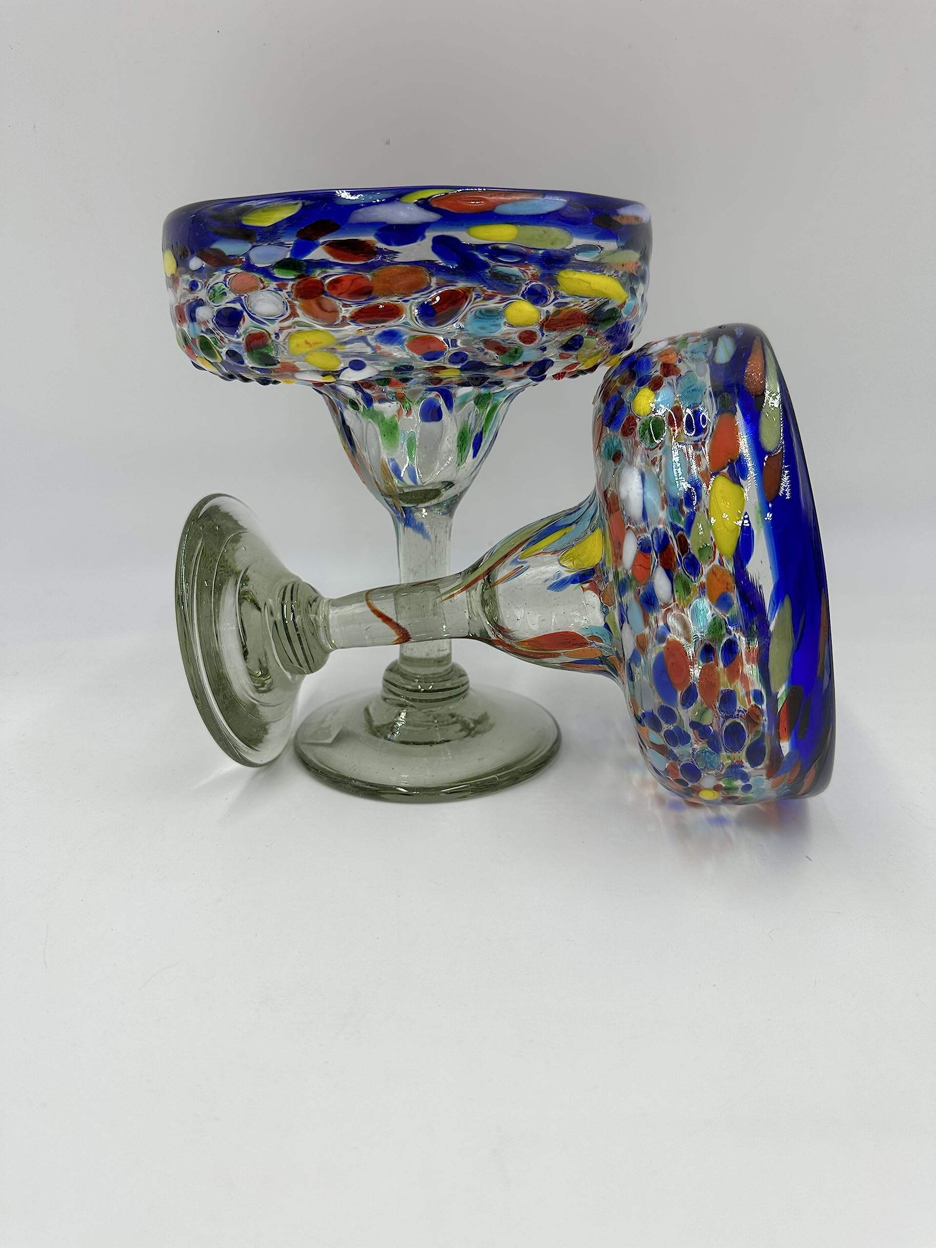 Set of 2 Blue Rim Margarita Glasses, Handblown in Mexico Strong & Sturdy Pebbled Glasses