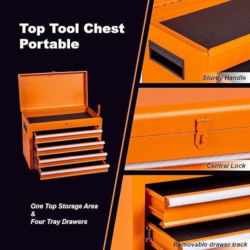 Miniatura 4 de Carrito de herramientas de metal con 5 cajones con 1 gabinete, organizador multifuncional de herramientas rodantes con caja de herramientas superior