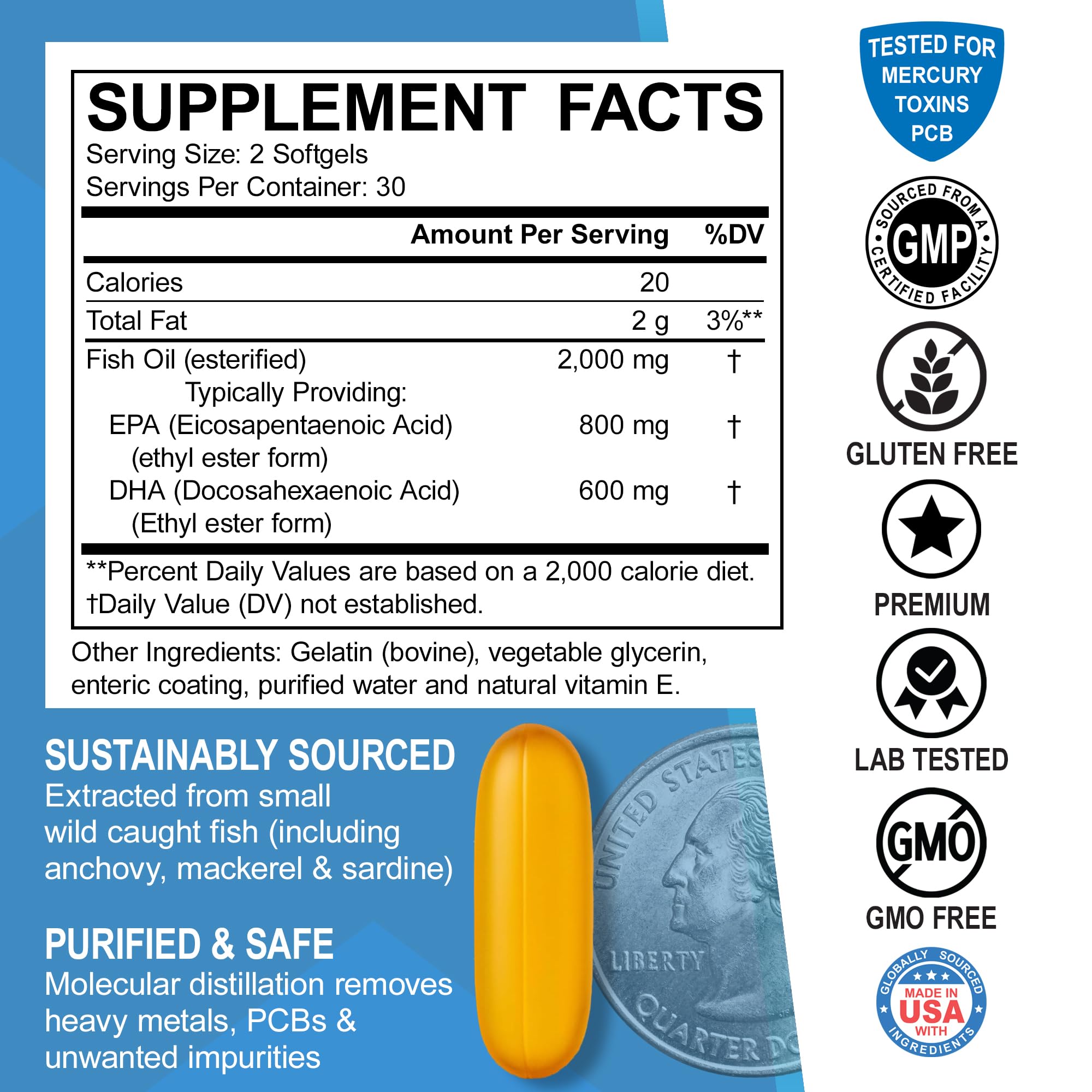 Omega 3 Fish Oil Supplements - Triple Strength Fish Oil Omega 3 Supplements 2000mg EPA DHA Women Men - Triple Strength Natural Omega3 Supplement 2000mg EPA DHA Fatty Acids 1000mg Burpless 60 Softgels — Amazon image 6