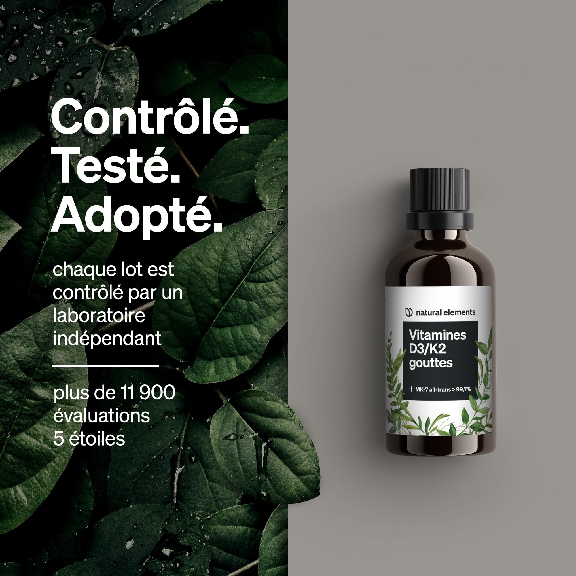 Vitamine D3 & K2 en Gouttes Premium 50 ml, Vitamine K2 99,8% All-Trans (K2VITAL® de Kappa) + Vitamine D Hautement Biodisponible, Liquide Fortement Dosée, Sans Additifs