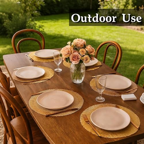 Miniatura 7 de FAVE Juego de 6 manteles individuales redondos de vinilo dorados, manteles individuales lavables calados con borlas para decoración de mesa, uso