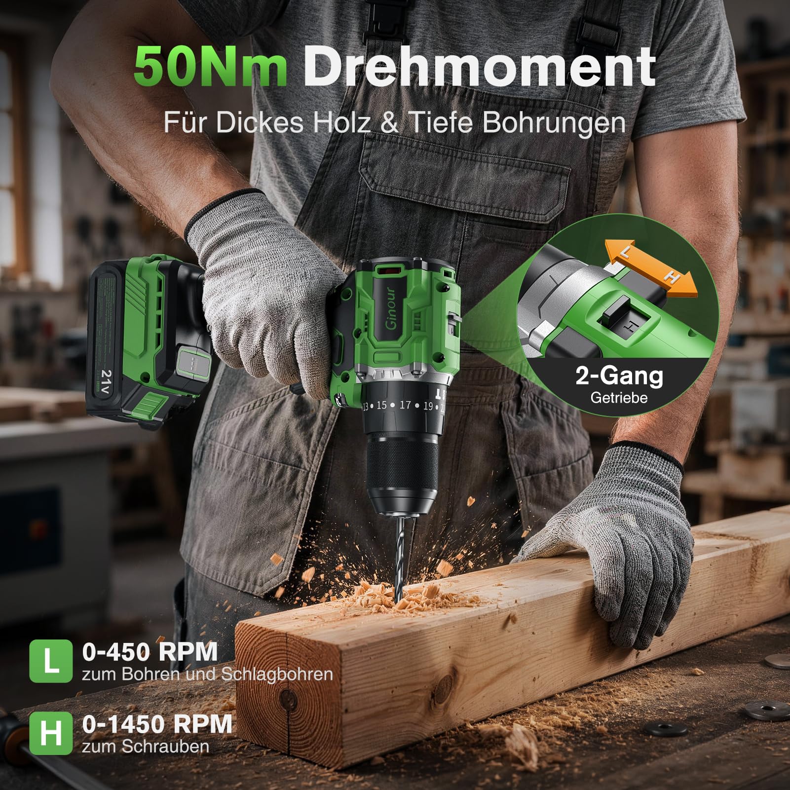 Ginour 50Nm Bürstenlos Akku Schlagbohrschrauber 21V Set, 1x2Ah Akku | kompatibel mit Makita 18V Akku & Ladegerät, 2-Gang, 23+3 Stufen, Zubehör mit Bohrer, LED, 10mm Bohrmaschine & Akkuschrauber