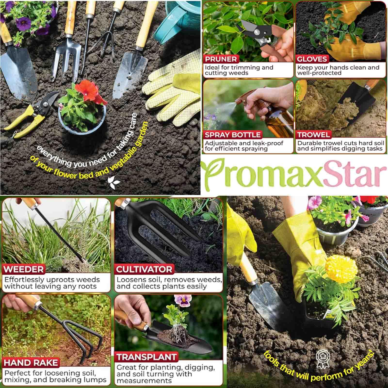 Lot de 9 outils de jardin avec sac à main, outils de jardin inoxydables et ergonomiques, cadeau de jardin idéal pour les femmes pour les amateurs de jardin