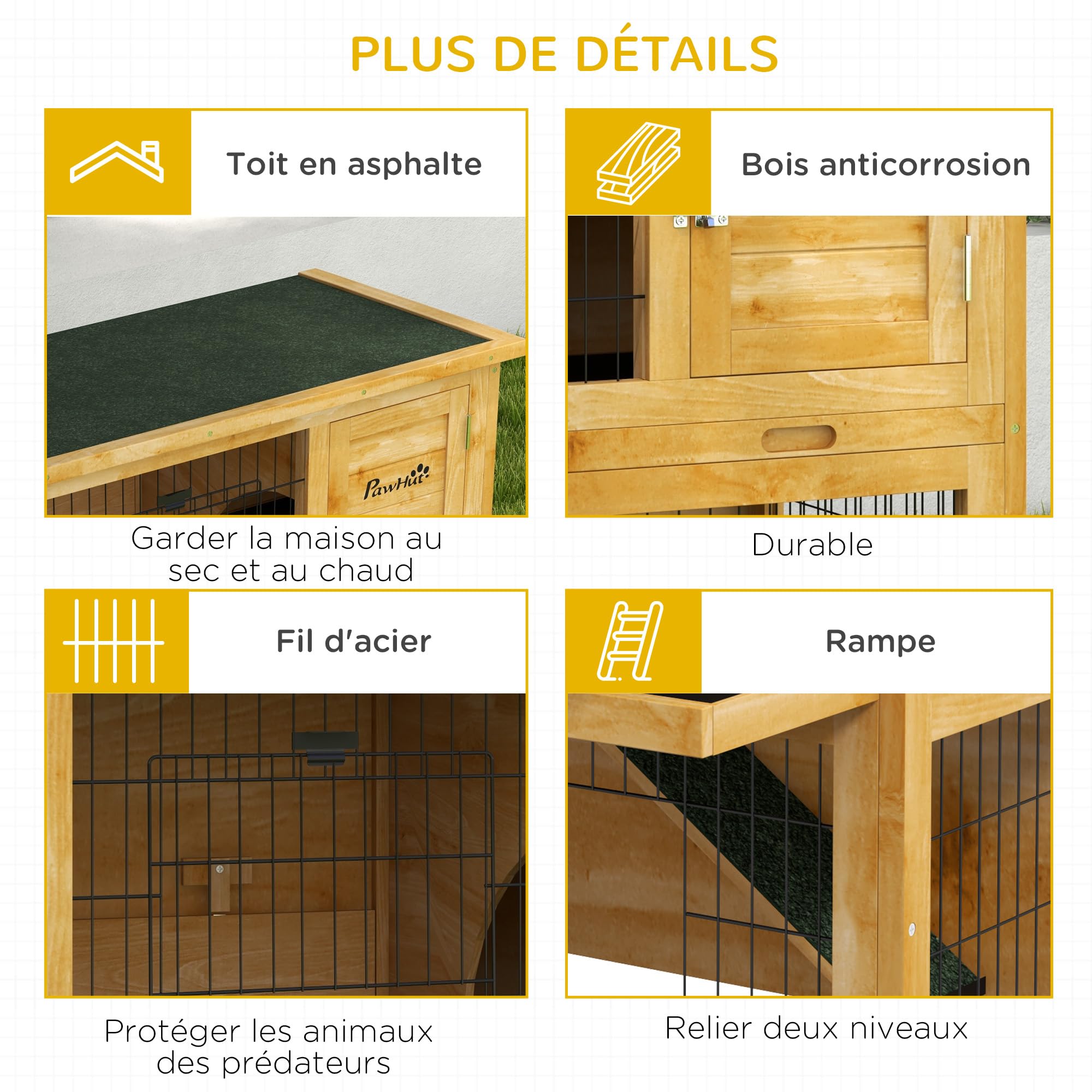 PawHut Conigliera a 2 Piani con 3 Porte con Serratura, Rampa Scorrevole e Tetto in Asfalto, Legno Massiccio, per Conigli, 85 x 50 x 80 cm, Giallo