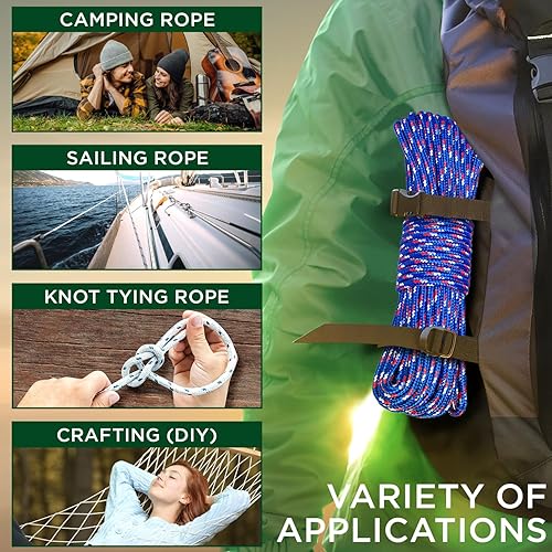 Vista 63 de TECEUM Cuerda – 90 pies x 1/4 pulgadas (0.276 in) – Verde militar – Cuerda fuerte multiusos – Camping, manualidades, asta de bandera