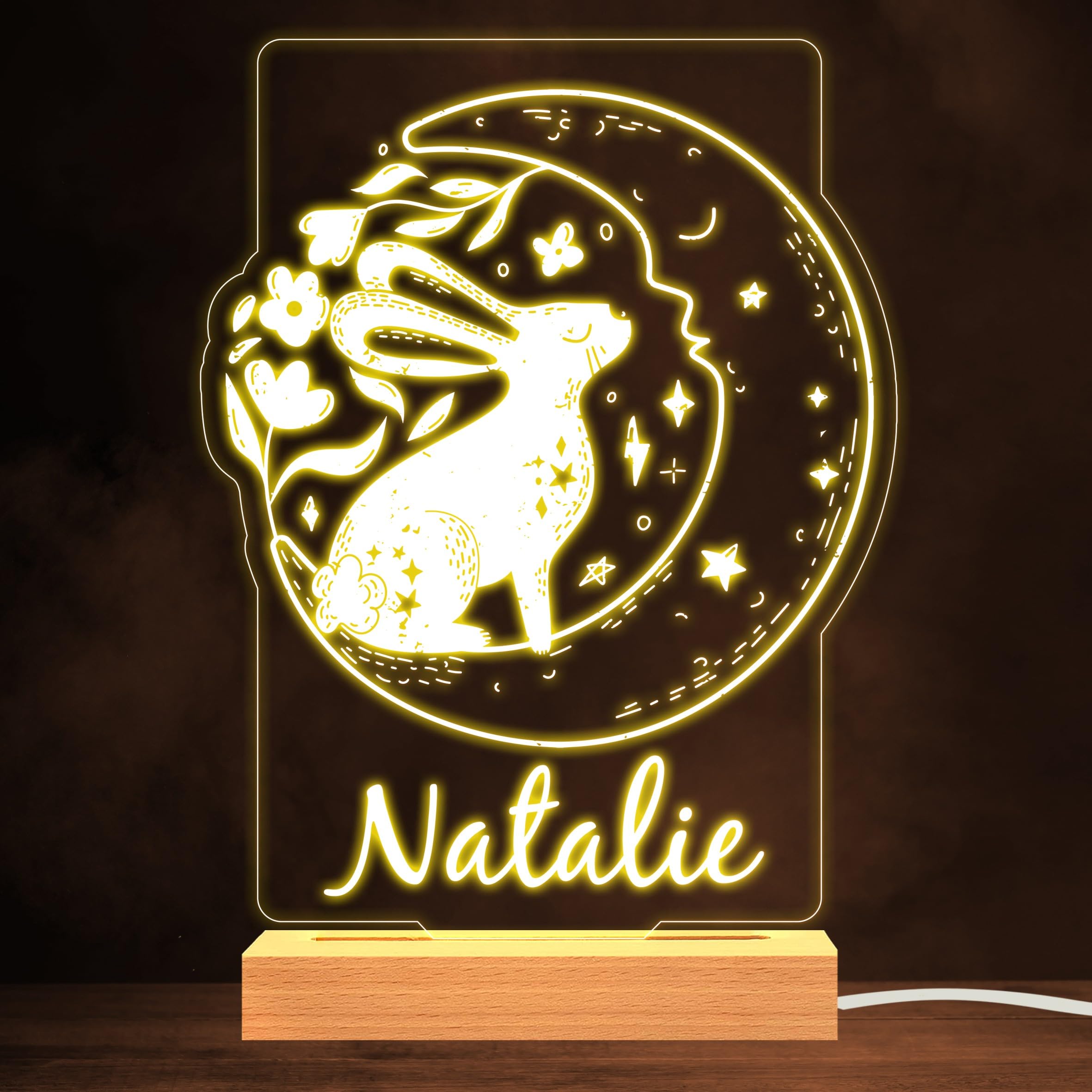 Crescent Moon Rabbit Floral Stars Warm White Lamp Personalised Gift Night Light | Personalised Gift For Home, Lamp Room Décor | Kids & Adults Night Lights With Name | Personalised Gift For Bedroom |