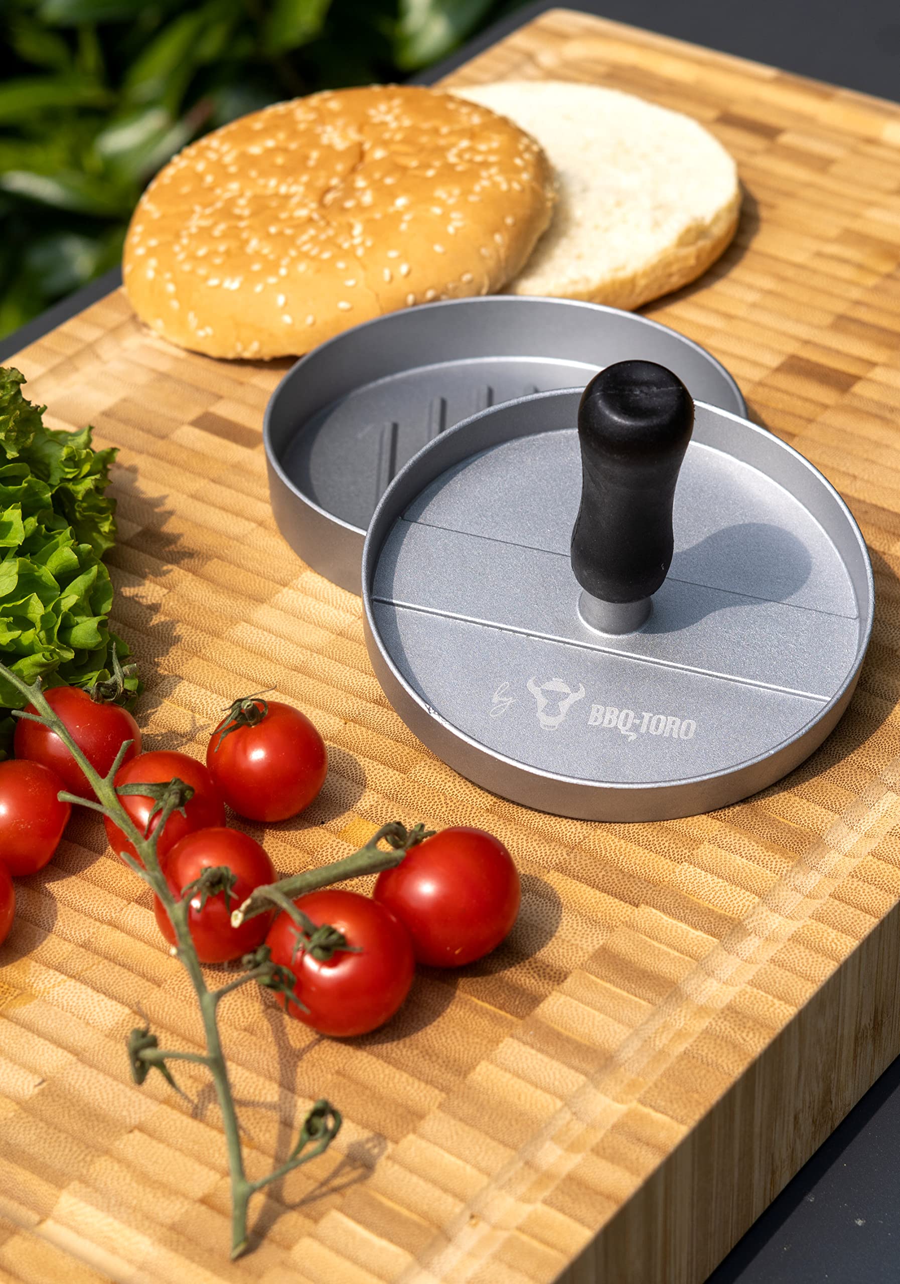 BBQ-Toro Aluminiowa prasa do hamburgerów, Ø 11,8 cm, szara, do mięsa, z powłoką zapobiegającą przywieraniu, do BBQ, grilla i kuchni | prasa do hamburgerów, pattyprasy do burgerów, kotletów