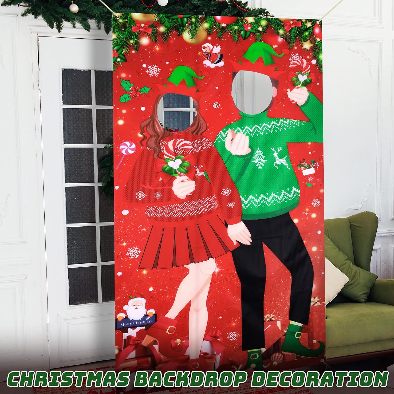 Christmas Photo Door Banner Christmas Ugly Sweater Photo Booth Party Decor Backdrop Props with Rope Ugly Sweater Candy Funny Christmas Cutout Games for Christmas Xmas Holiday Party Supplies, 6 x 3 ft