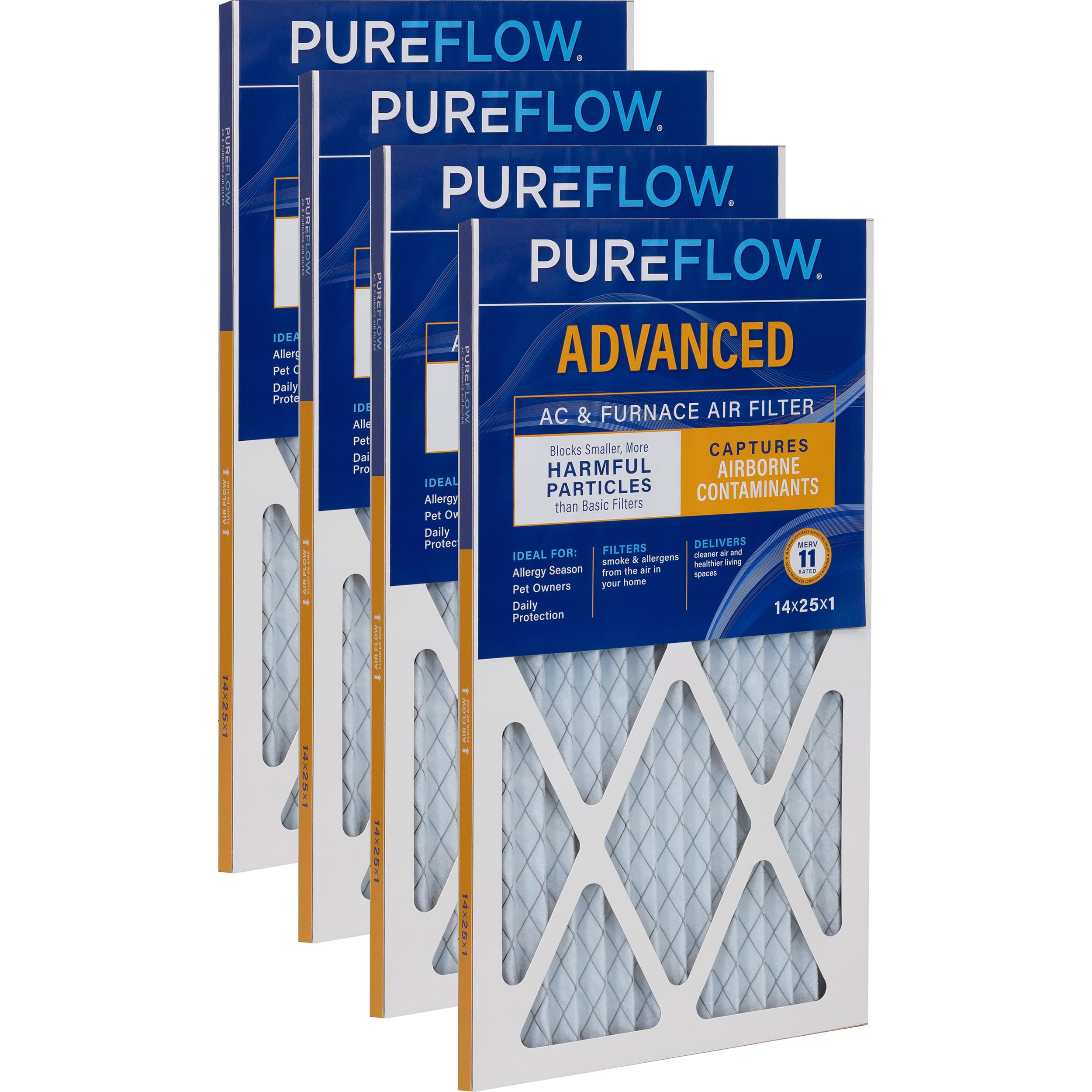 PUREFLOW Home Air Filter MERV 11, 14x25x1 Furnace Filter, 4 Layer High Efficiency Filtration for Dust, Smoke, Fumes, Pollutants (4-Pack)