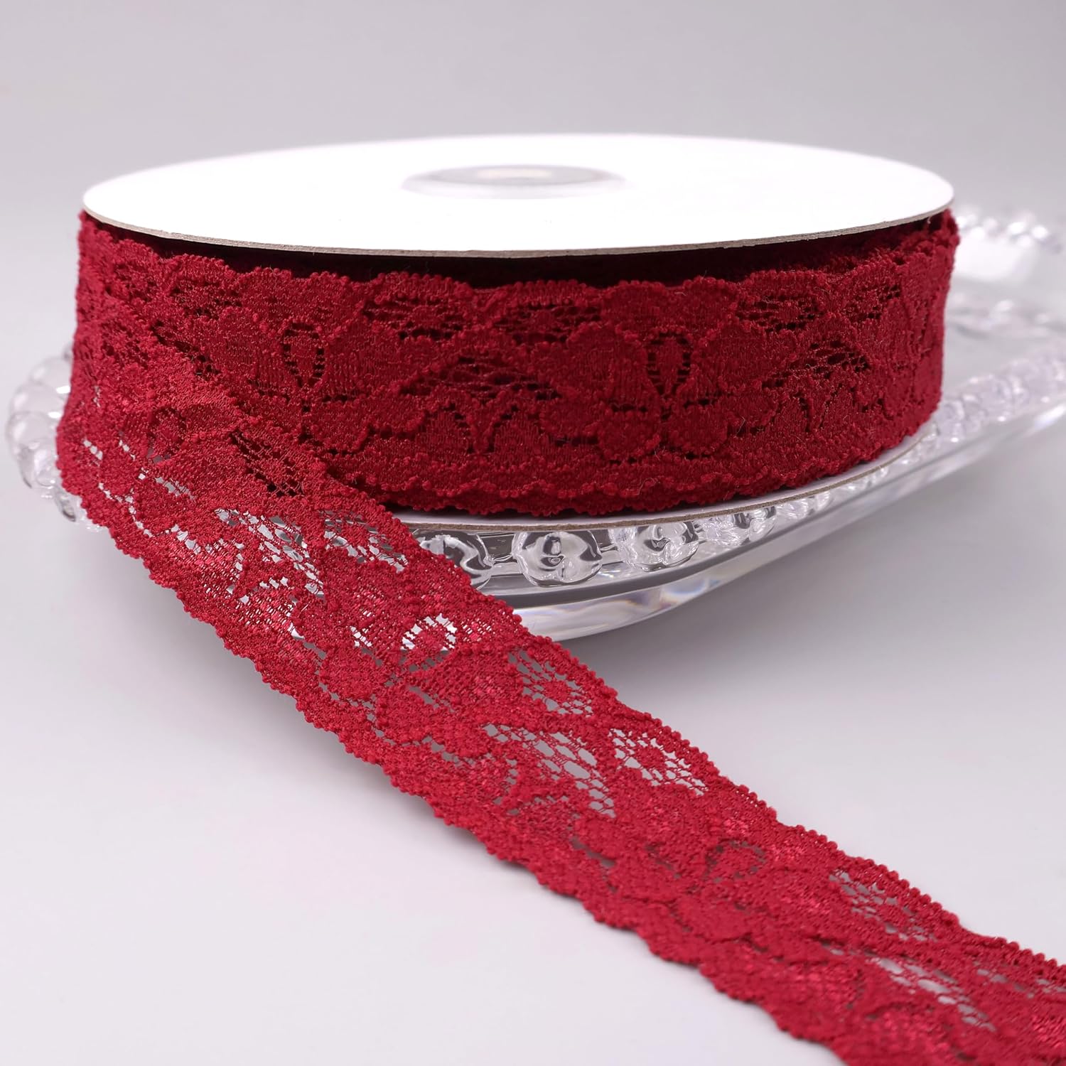 GXTIZAS Burgundy Lace Ribbon Elastic lace Fabric 1" Wide x 28 Yards Vintage Pattern Lace Ribbon for Crafts Gift Wrapping Flower Design Sewing