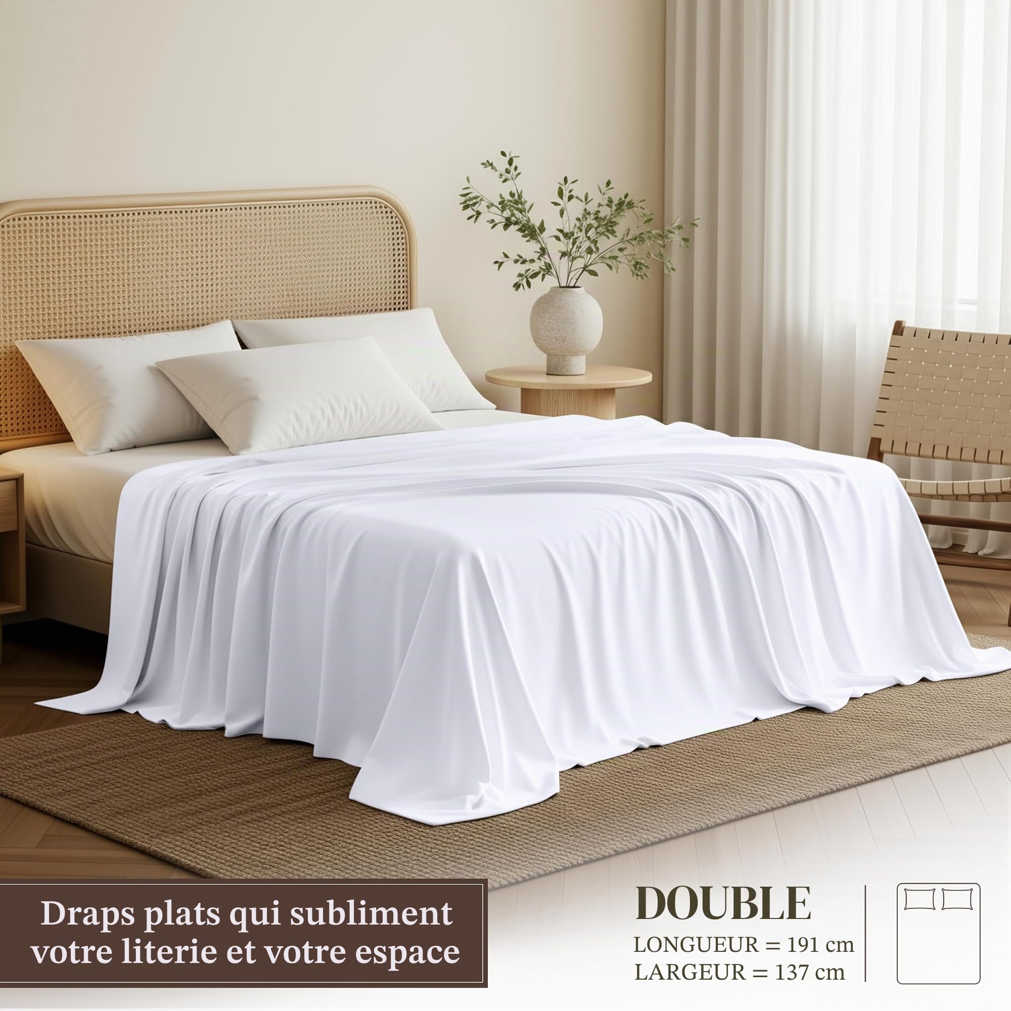 Utopia Bedding Lot de 6 draps Plats en Microfibre brossée Douce, draps de Dessus résistants au rétrécissement et à la décoloration, Facile d'entretien (lit Double, Blanc)