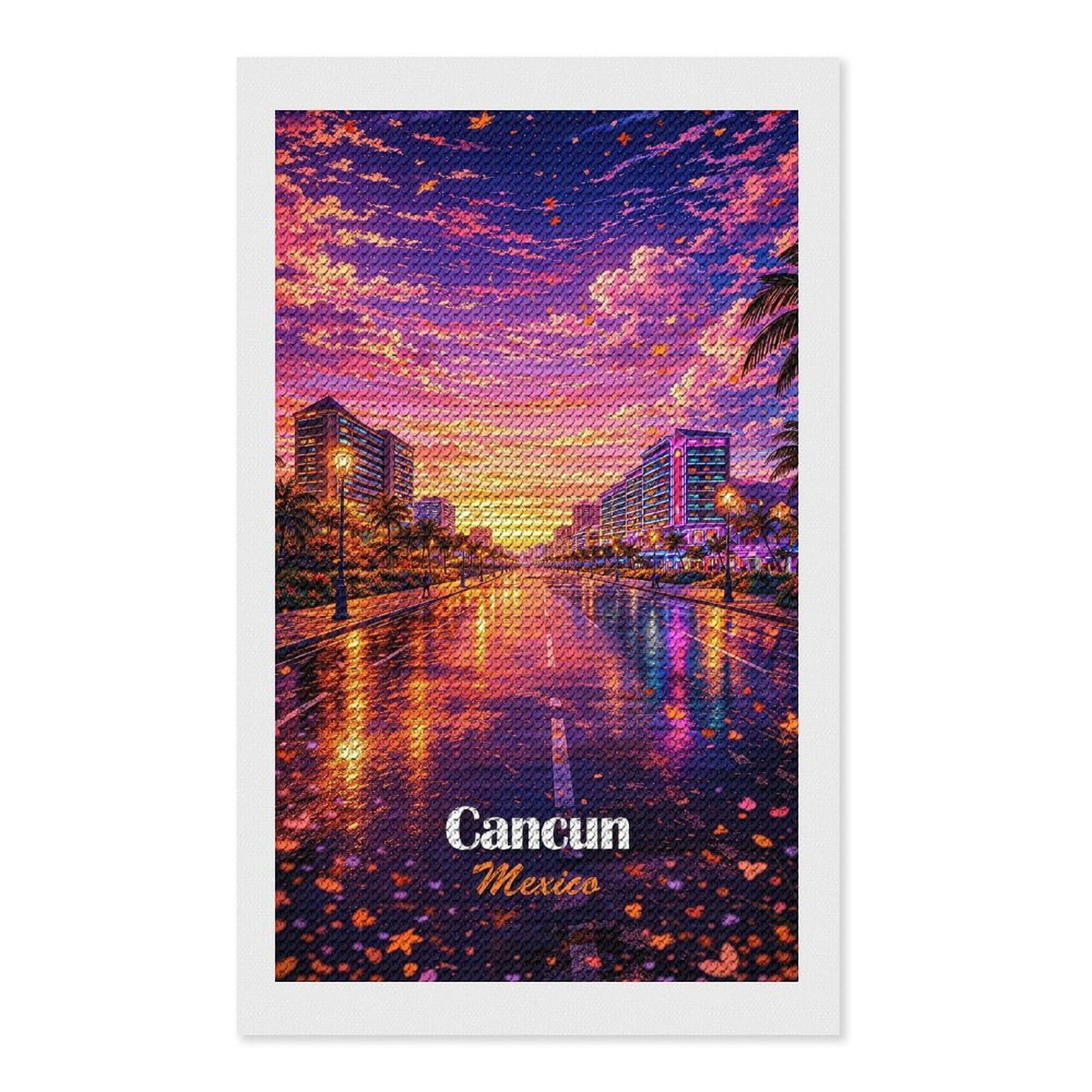 Junmoney Cancun Mexico Sunset Street Scene Diamond Painting Canvas Kit 12"x20", Adhesive Canvas, Christmas Gift, Full Kit Included, Thoughtful Present