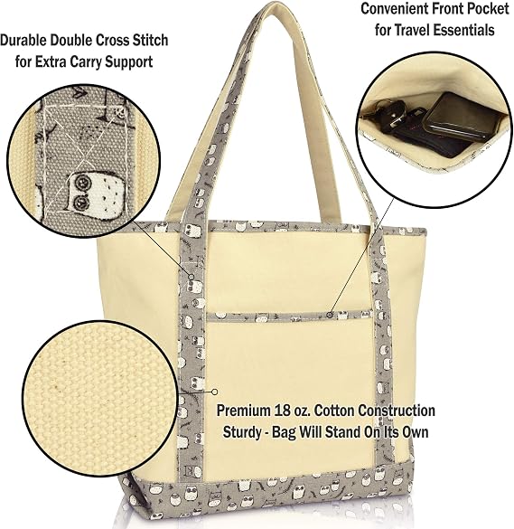 DALIX 20 Large Gray Owl Tote Shoulder Bag Natural Cotton Canvas