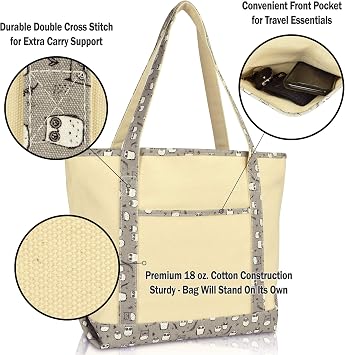 DALIX 20 Large Gray Owl Tote Shoulder Bag Natural Cotton Canvas
